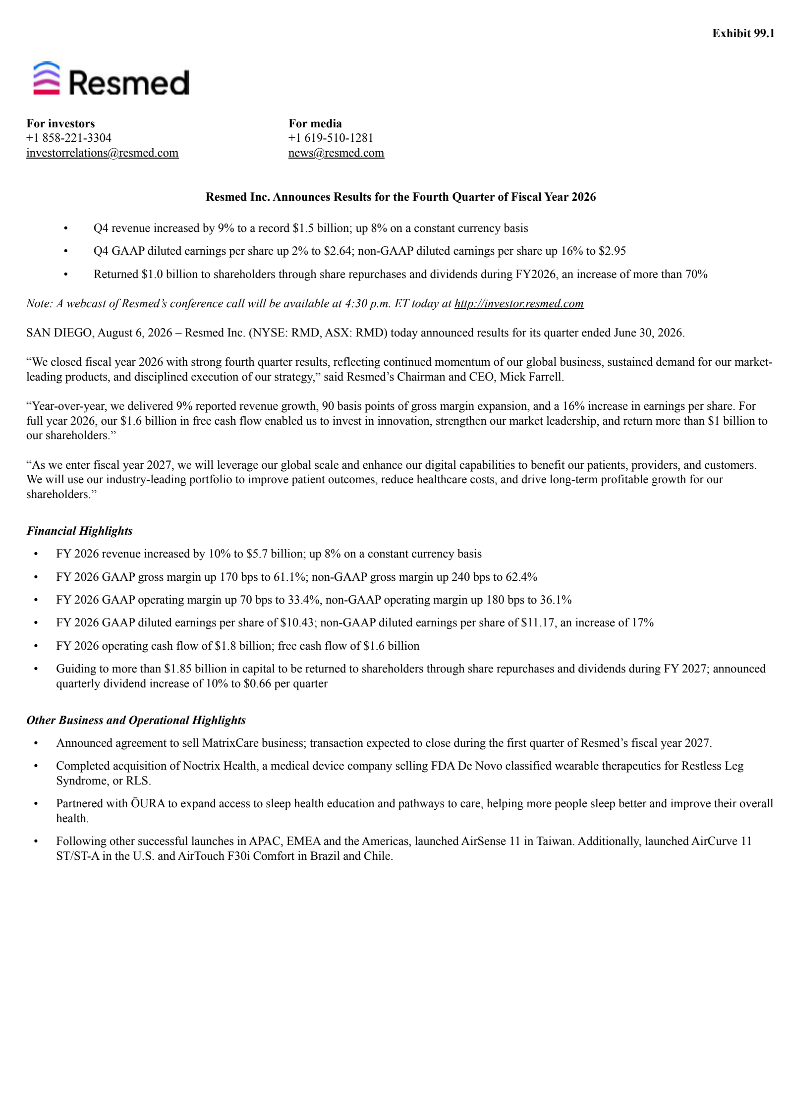 ResMed's Q4 2026 Press Release