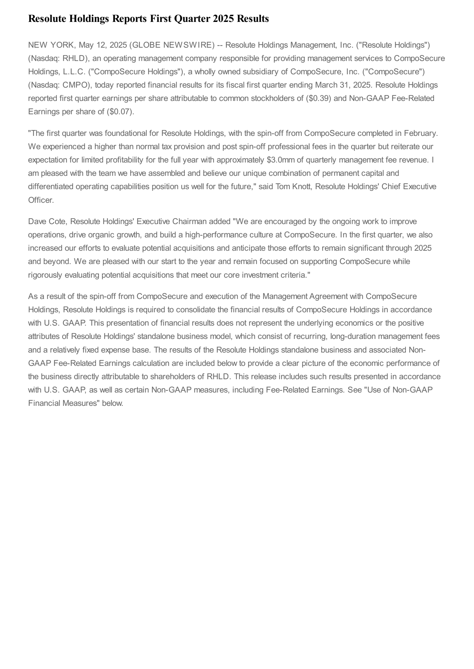 Resolute Holdings Management's Q1 2025 Earnings Release