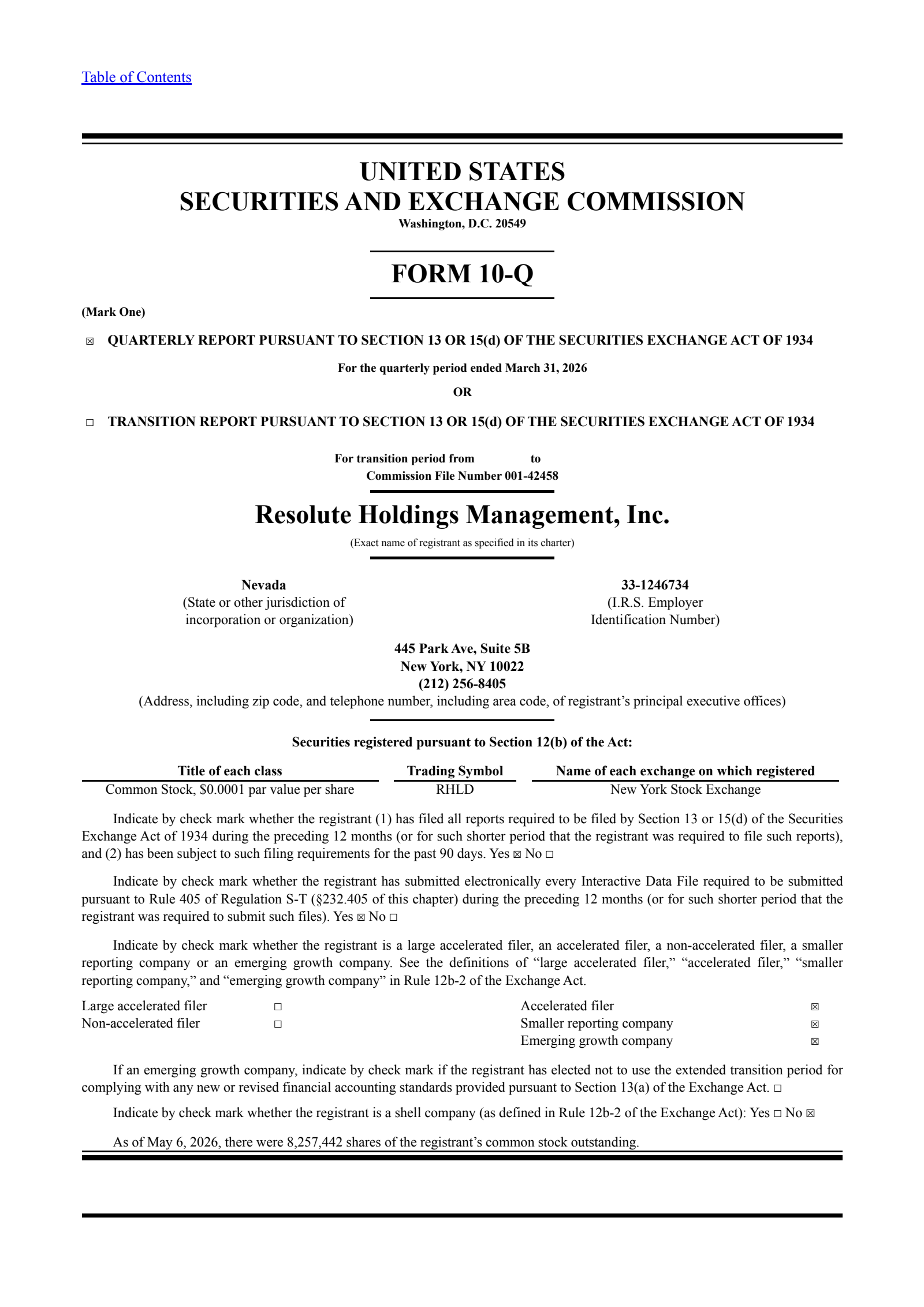 Resolute Holdings Management's Q1 2026 Quarterly report