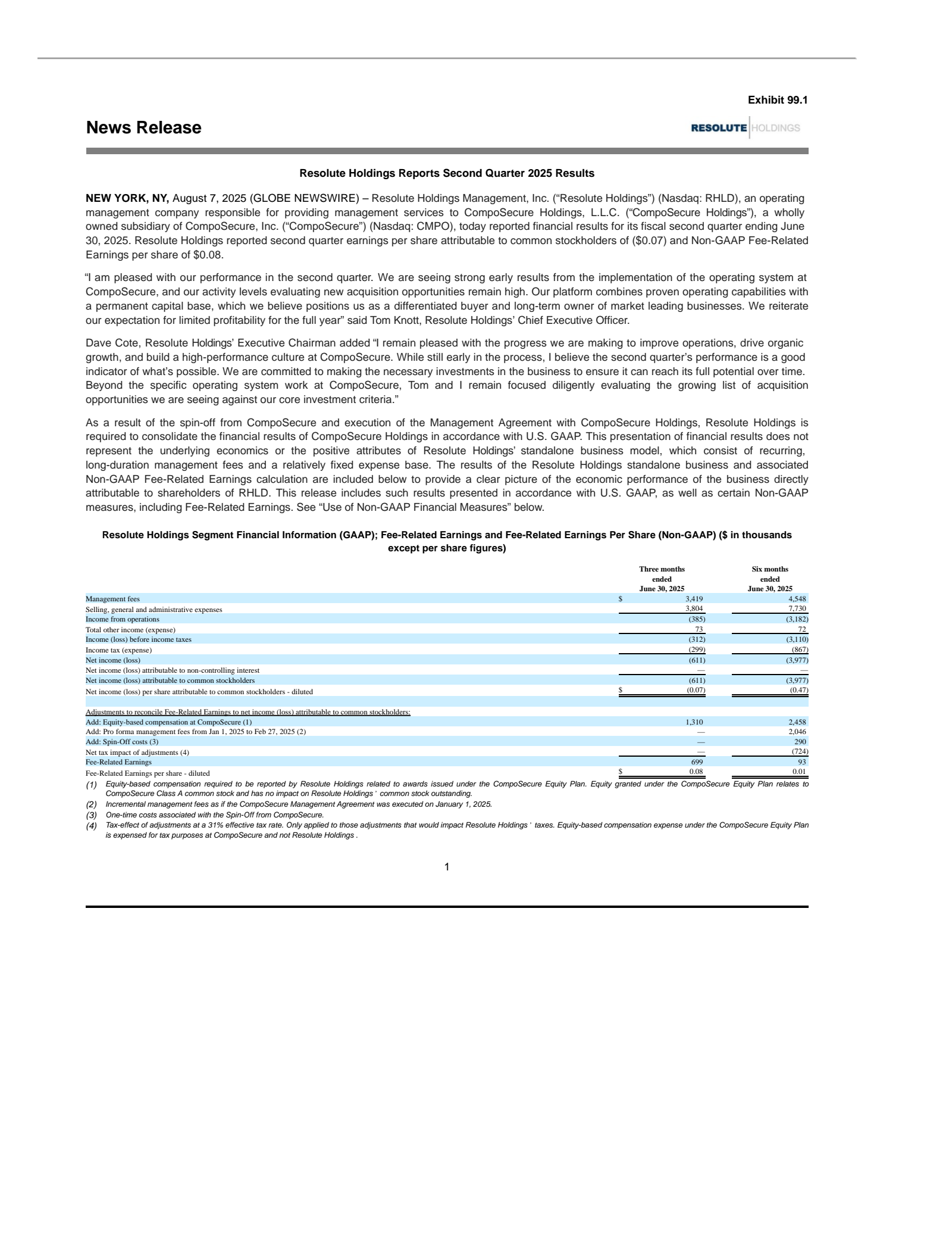 Resolute Holdings Management's Q2 2025 Press Release