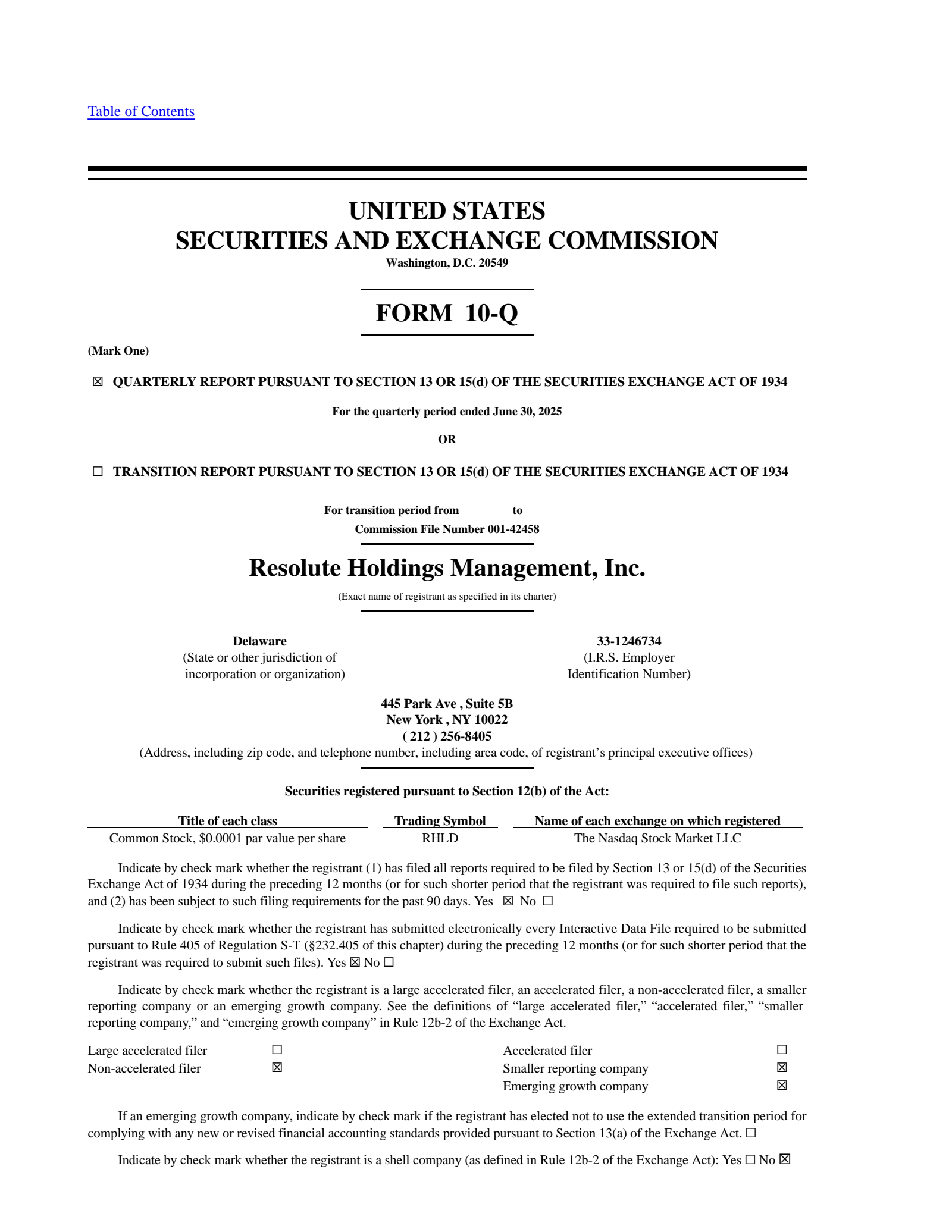 Resolute Holdings Management's Q2 2025 Quarterly report
