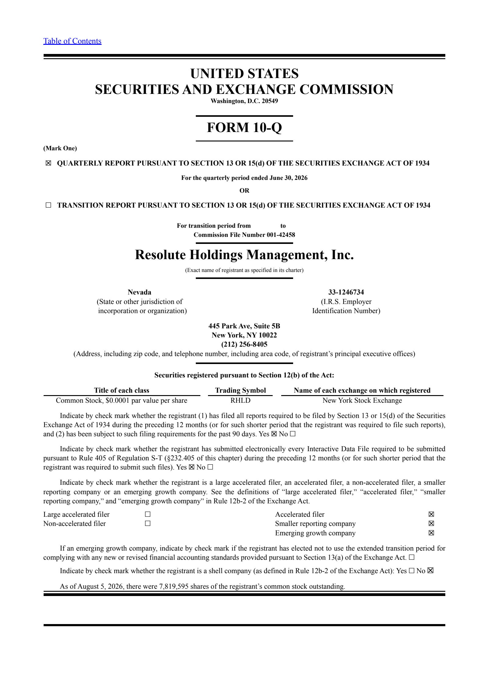 Resolute Holdings Management's Q2 2026 Quarterly report