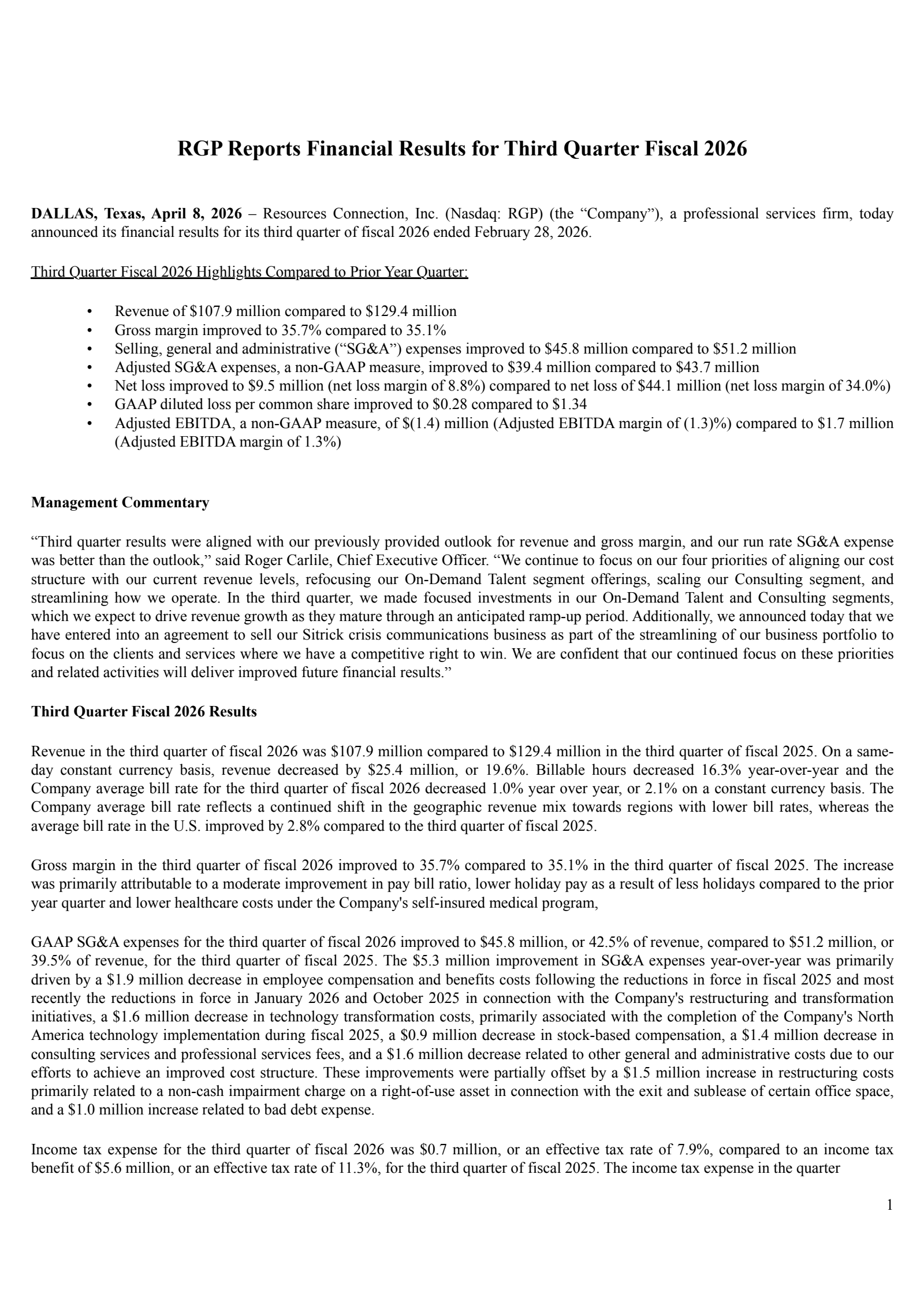 Resources Connection's Q3 2026 Press Release