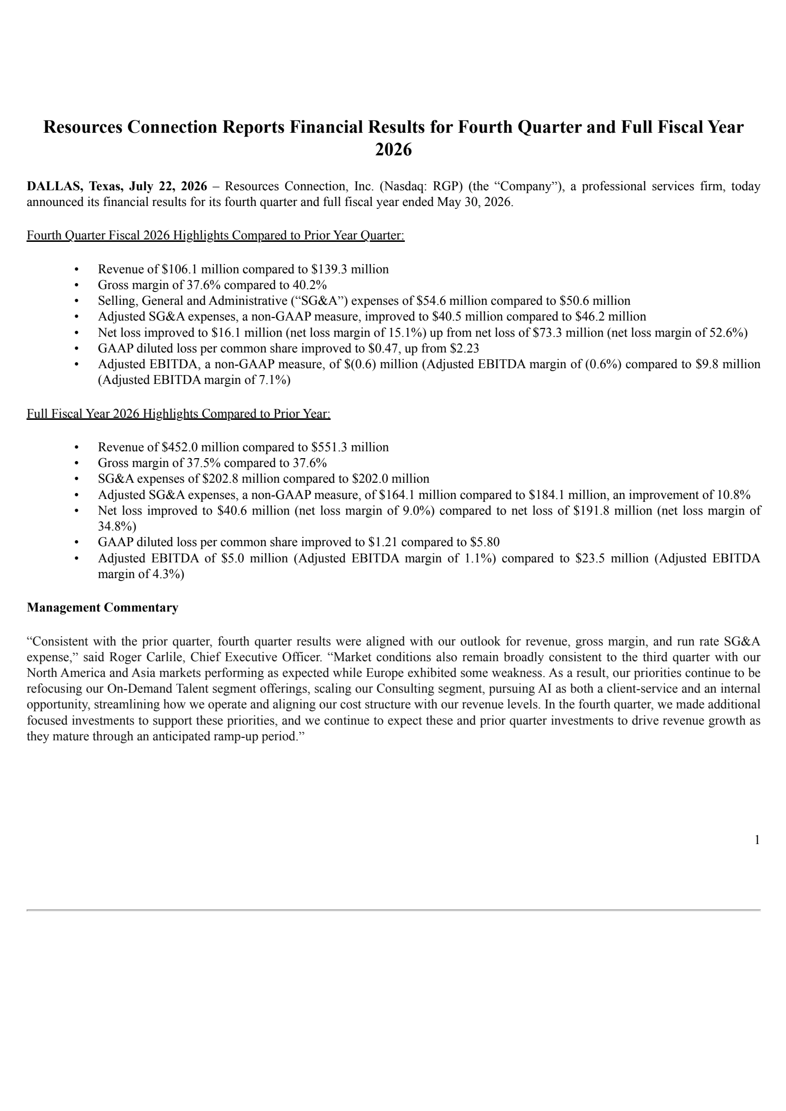 Resources Connection's Q4 2026 Press Release