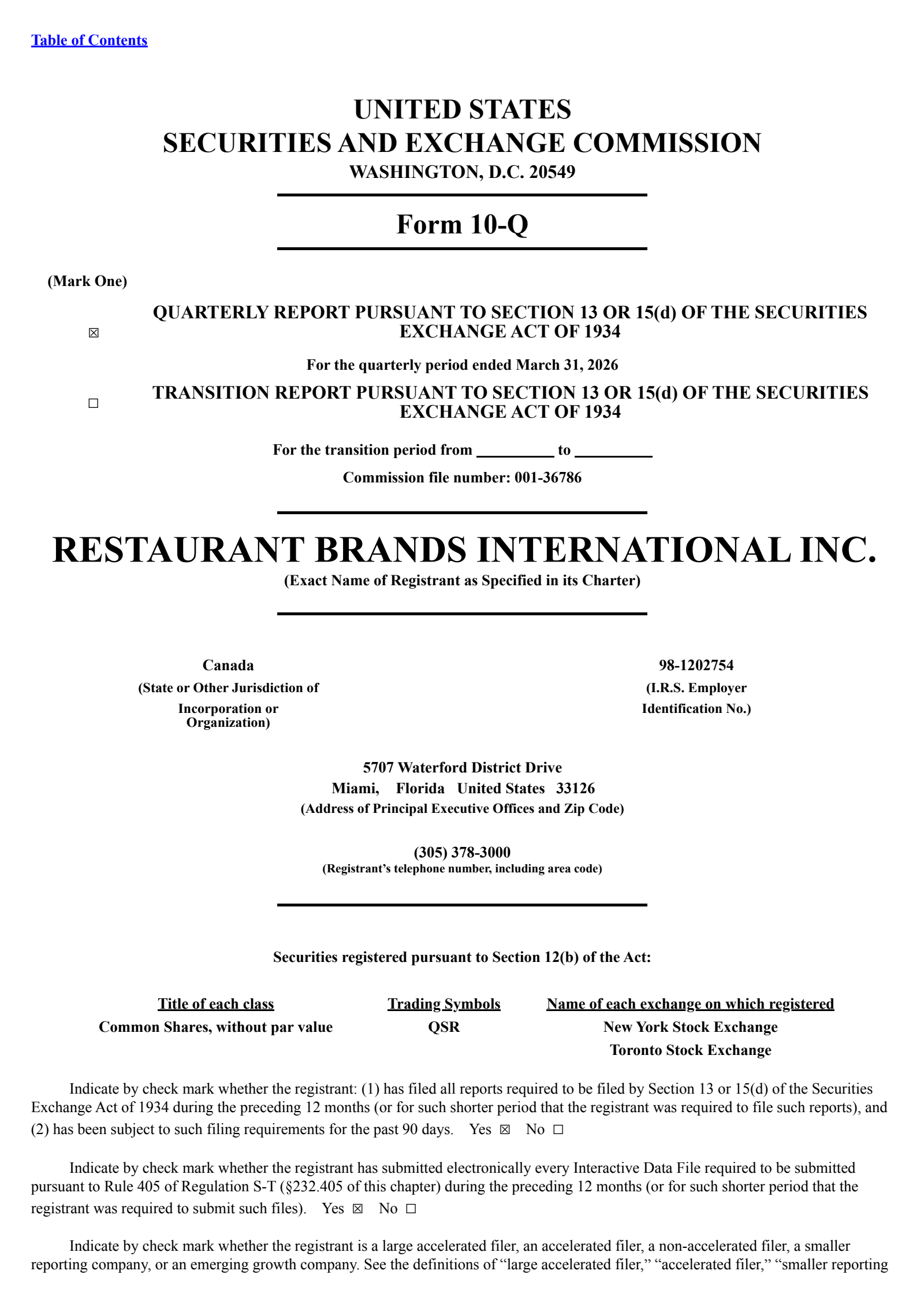Restaurant Brands International's Q1 2026 Quarterly report