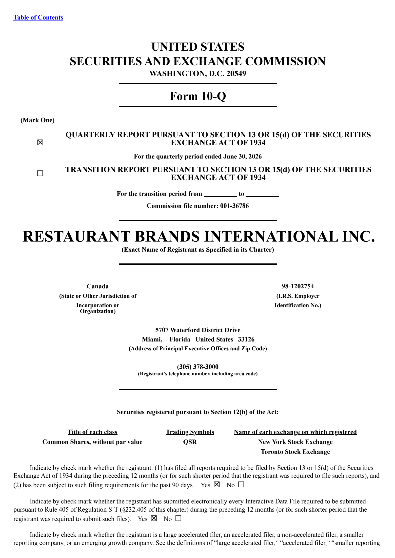 Restaurant Brands International's Q2 2026 Quarterly report