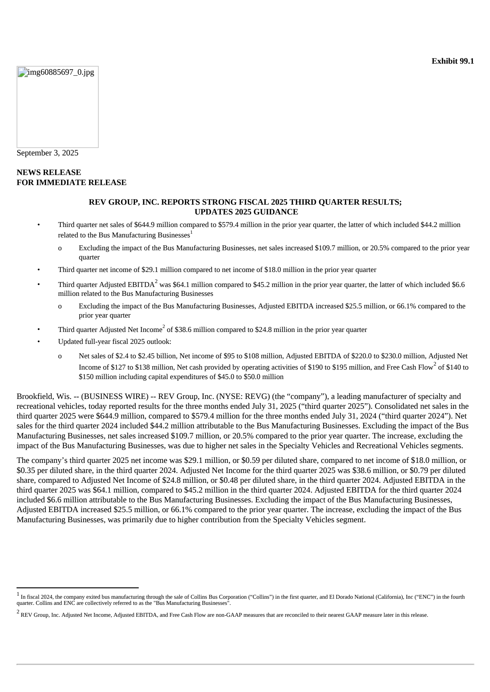 REV Group's Q3 2025 Press Release