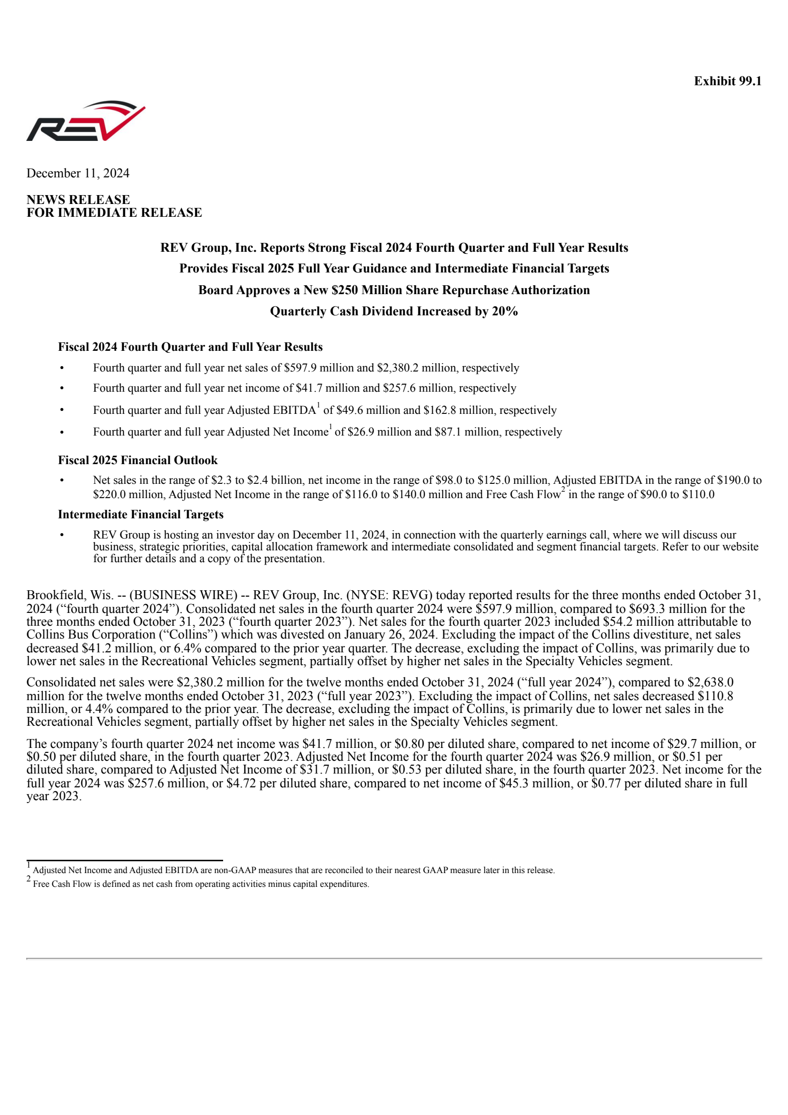 REV Group's Q4 & Investor Day 2024  Press Release