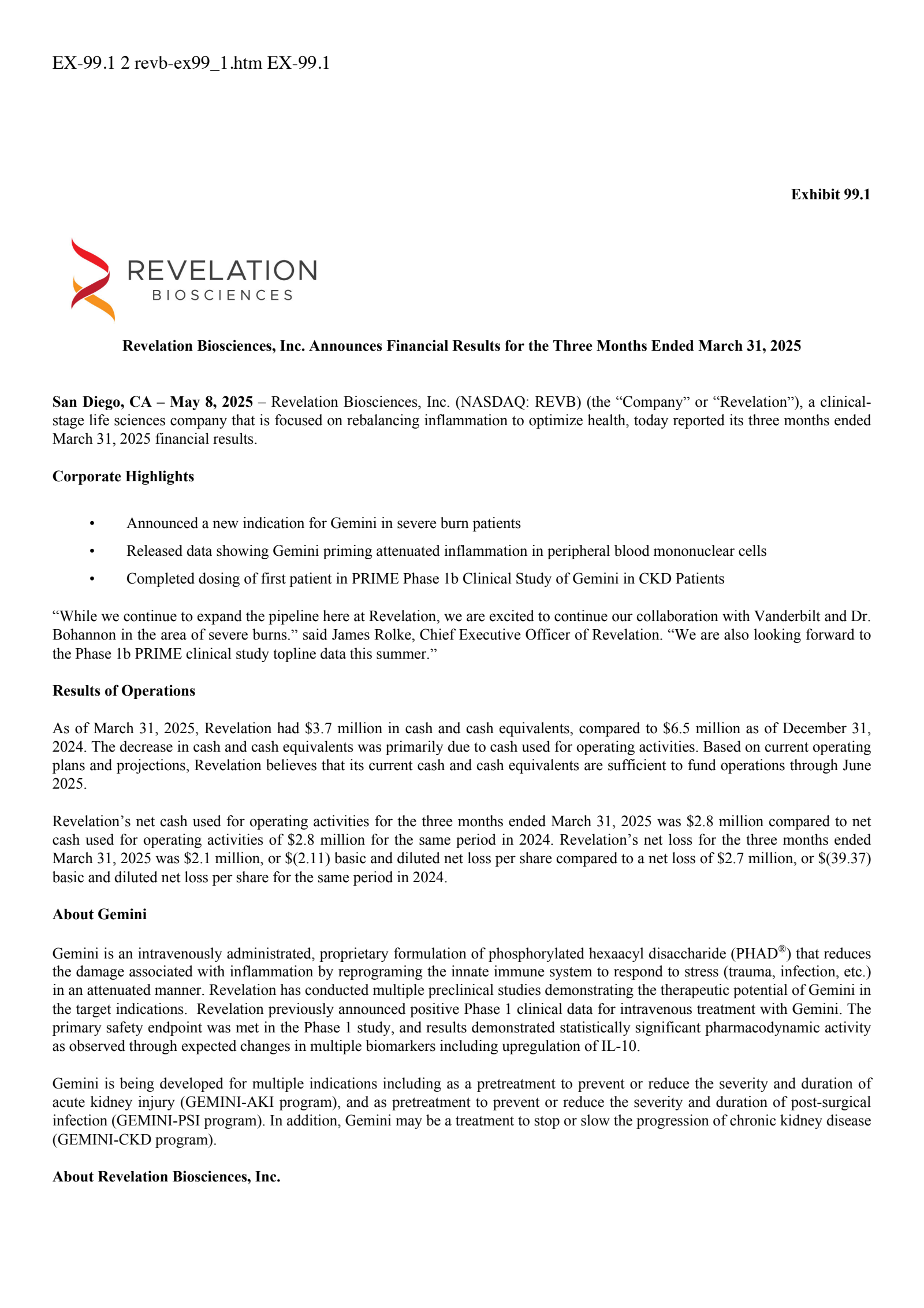 Revelation Biosciences' Q1 2025 Press Release