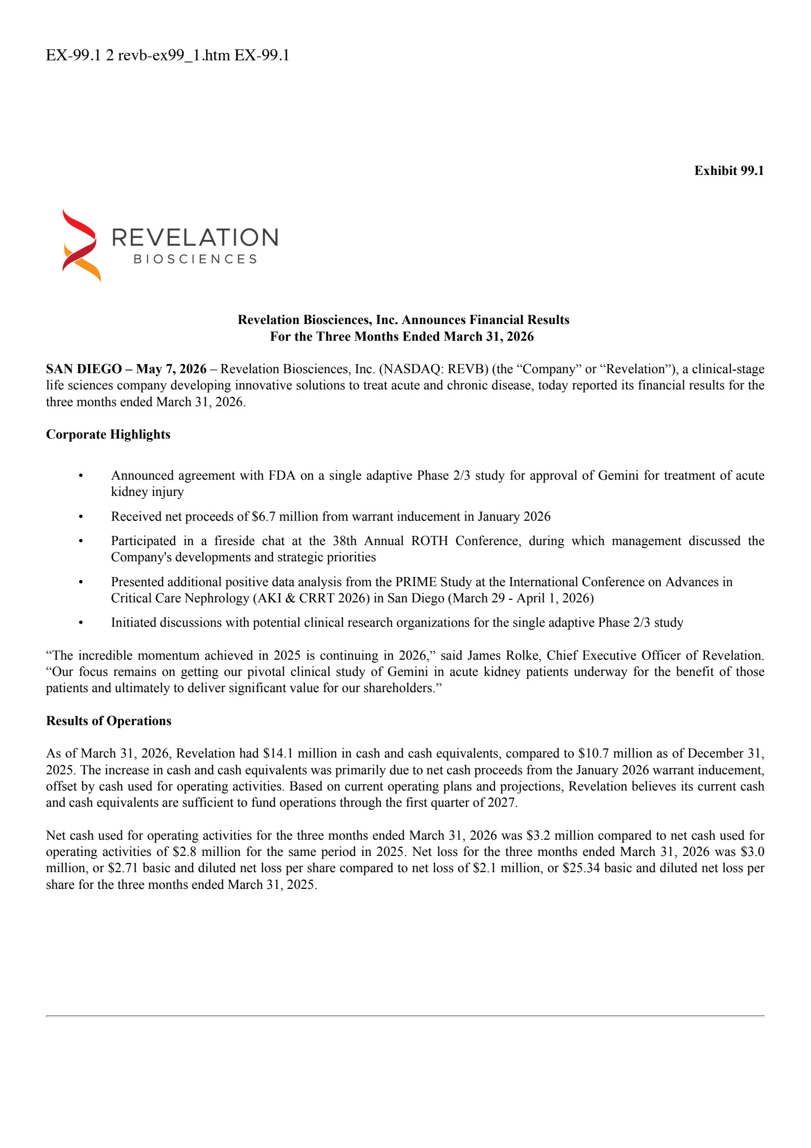 Revelation Biosciences' Q1 2026 Press Release
