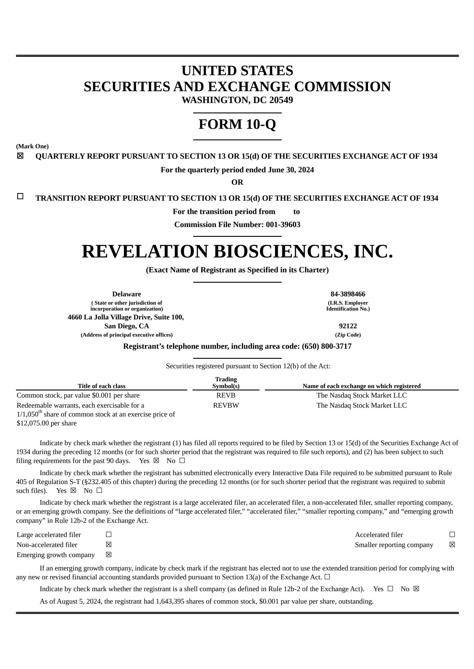 Revelation Biosciences' Q2 2024 Quarterly report