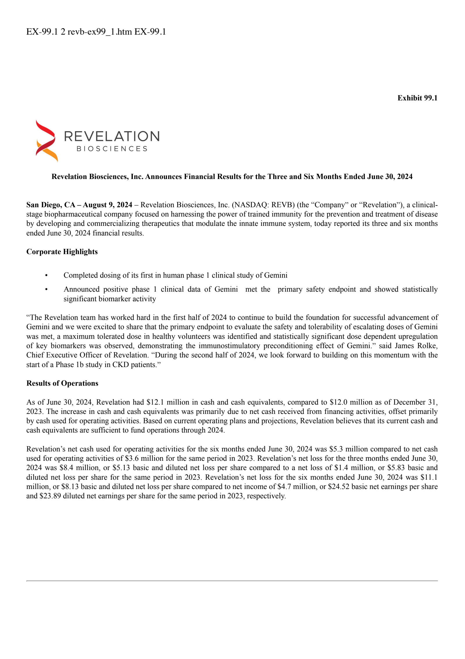 Revelation Biosciences' Q2 2024 Press Release