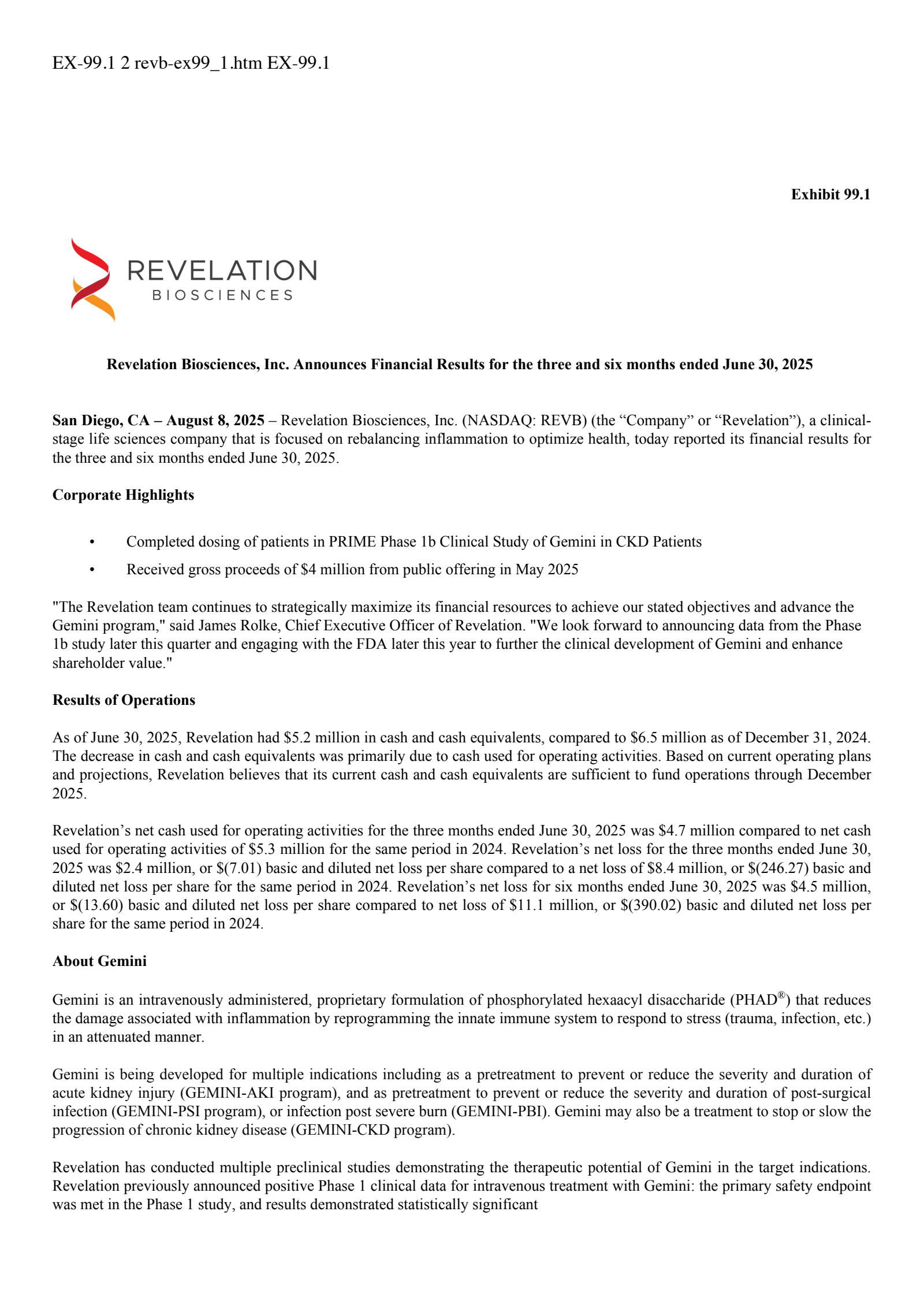 Revelation Biosciences' Q2 2025 Press Release