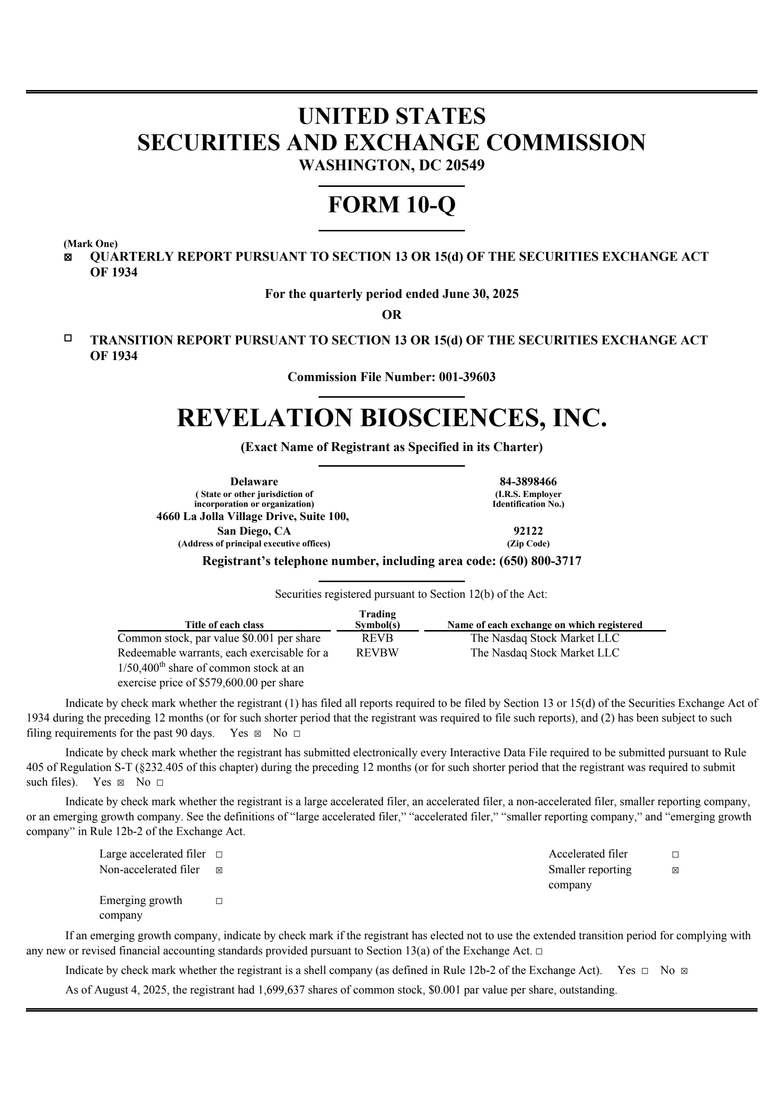 Revelation Biosciences' Q2 2025 Quarterly report