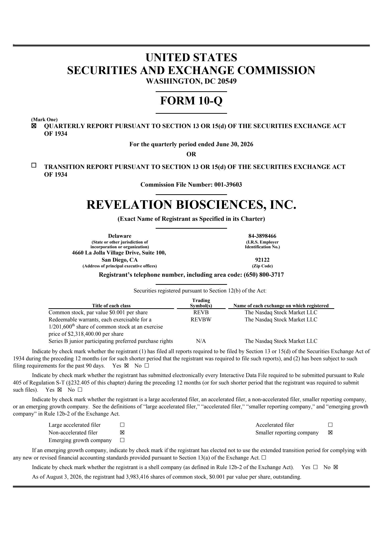 Revelation Biosciences' Q2 2026 Quarterly report