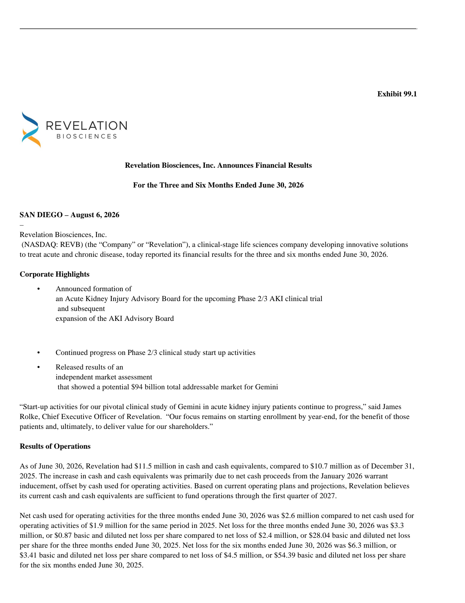 Revelation Biosciences' Q2 2026 Press Release