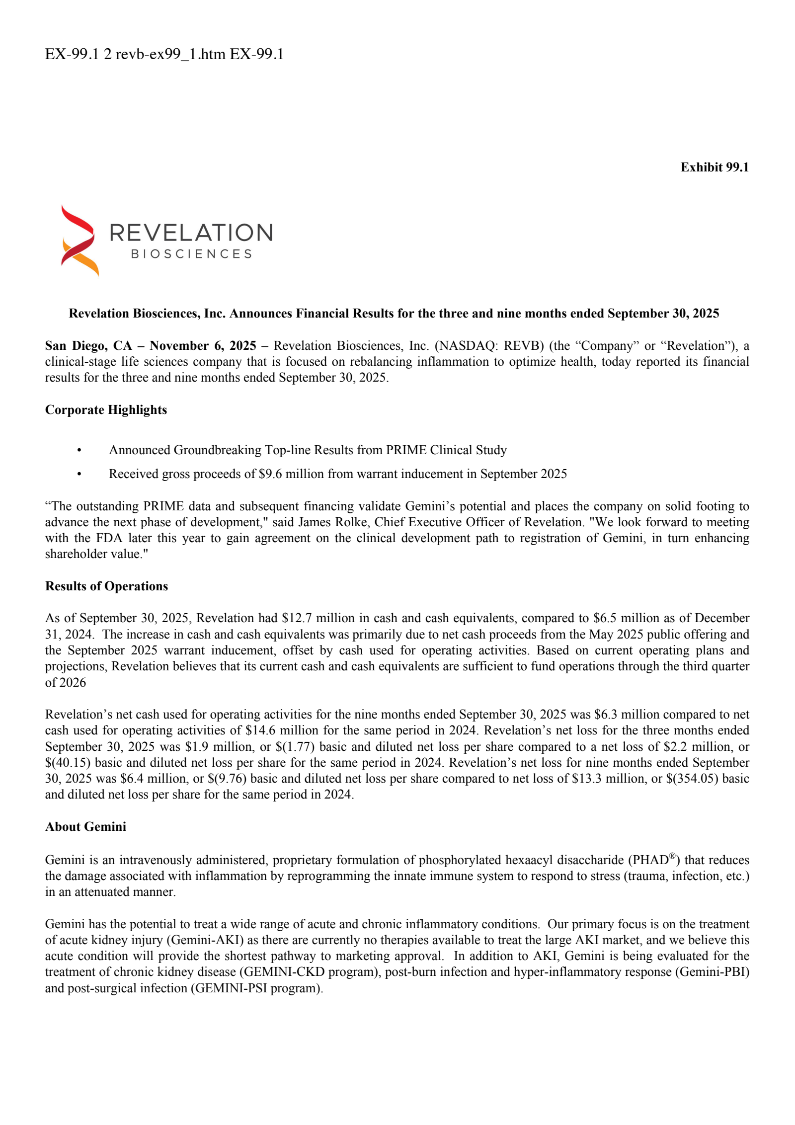 Revelation Biosciences' Q3 2025 Press Release