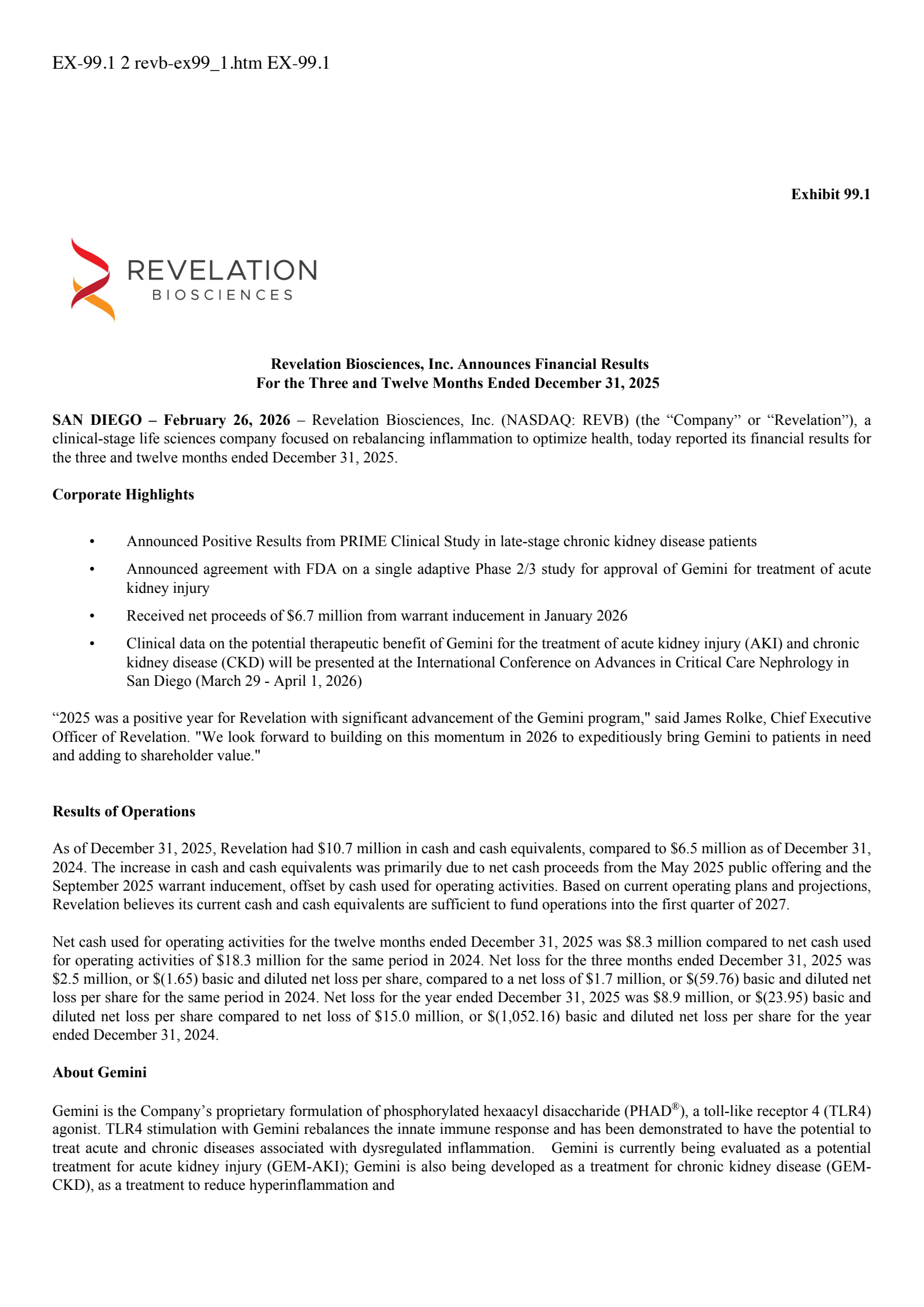 Revelation Biosciences' Q4 2025 Press Release