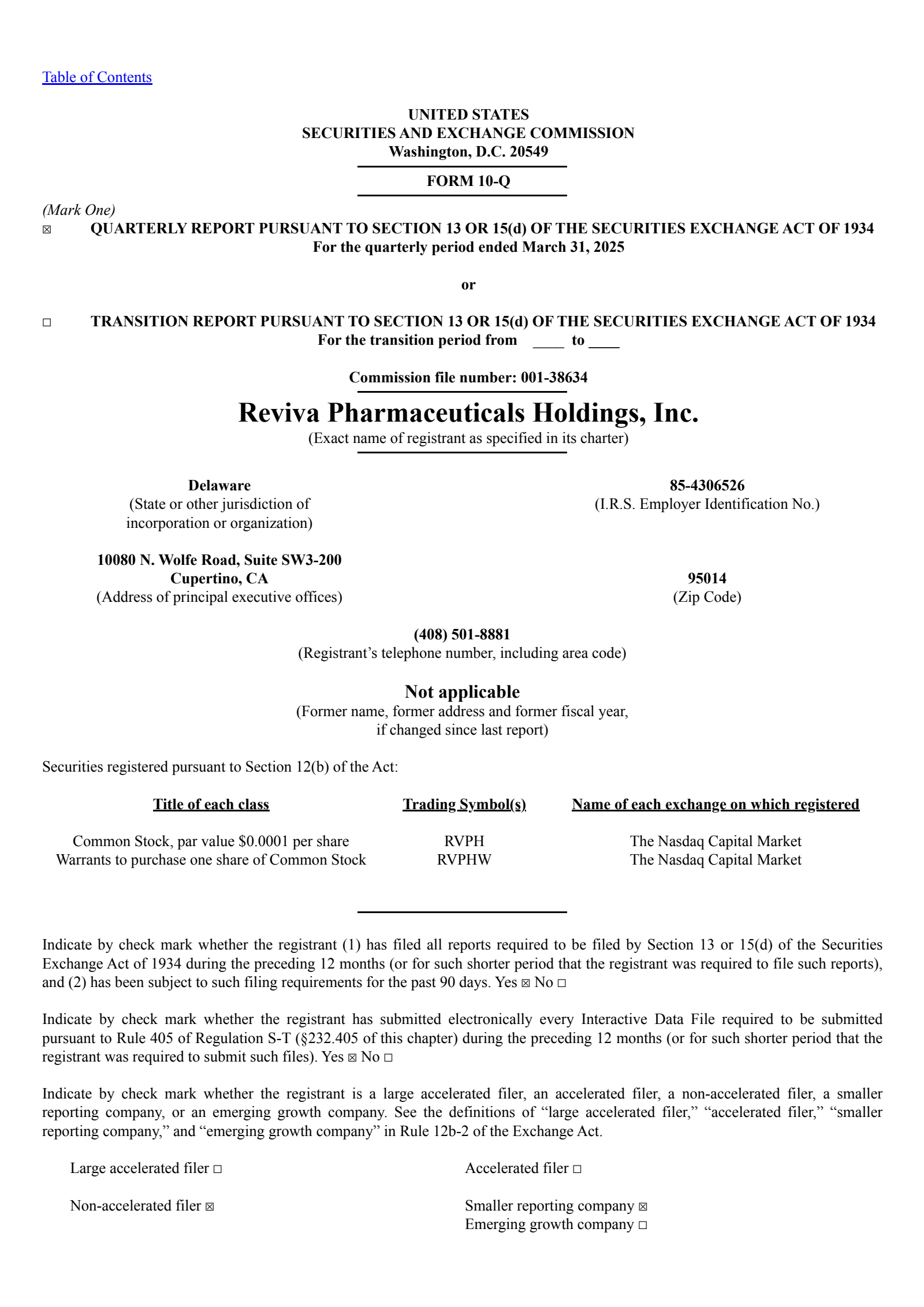 Reviva Pharmaceuticals' Q1 2025 Quarterly report