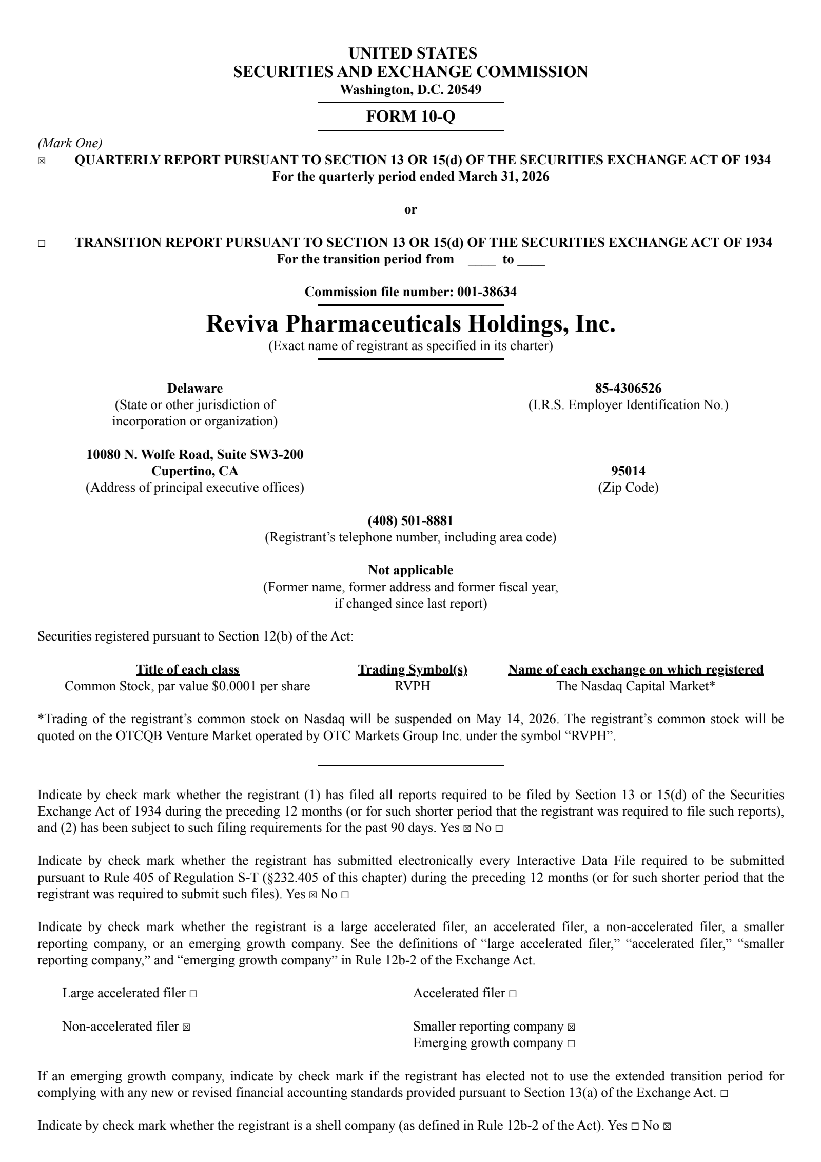 Reviva Pharmaceuticals' Q1 2026 Quarterly report