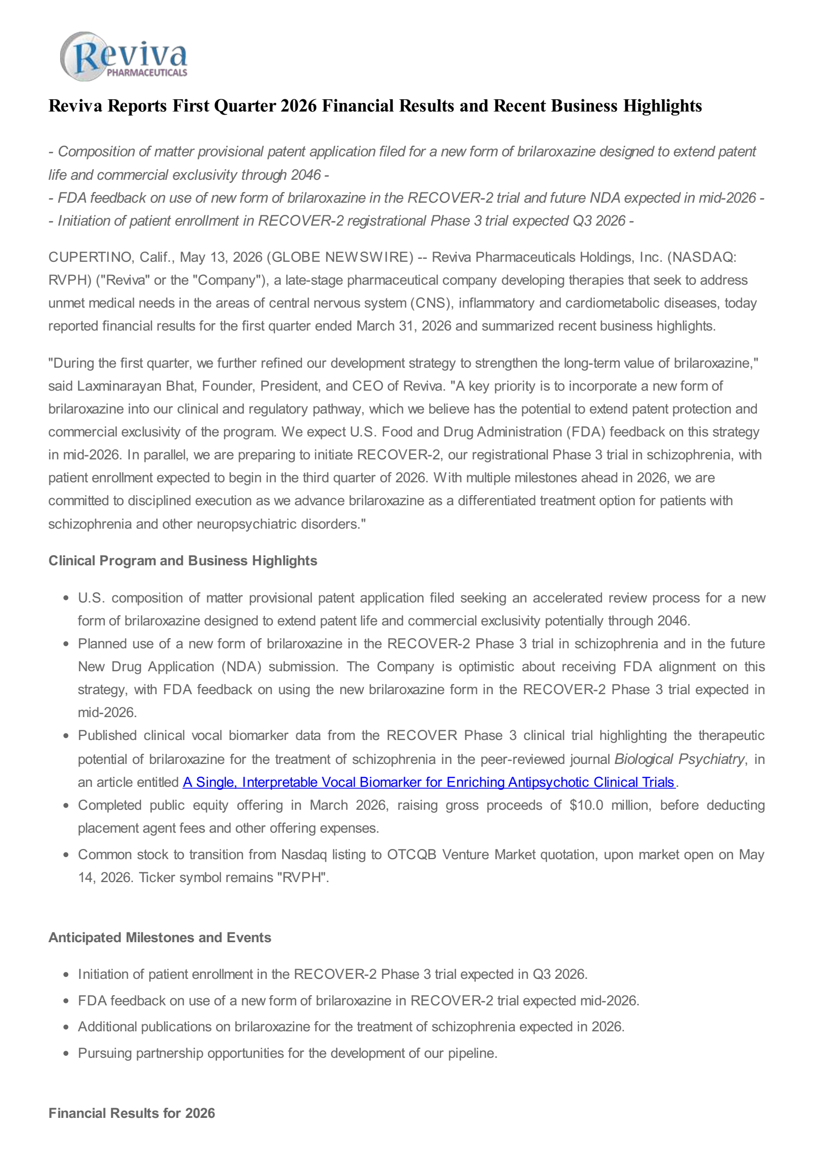 Reviva Pharmaceuticals' Q1 2026 Press Release