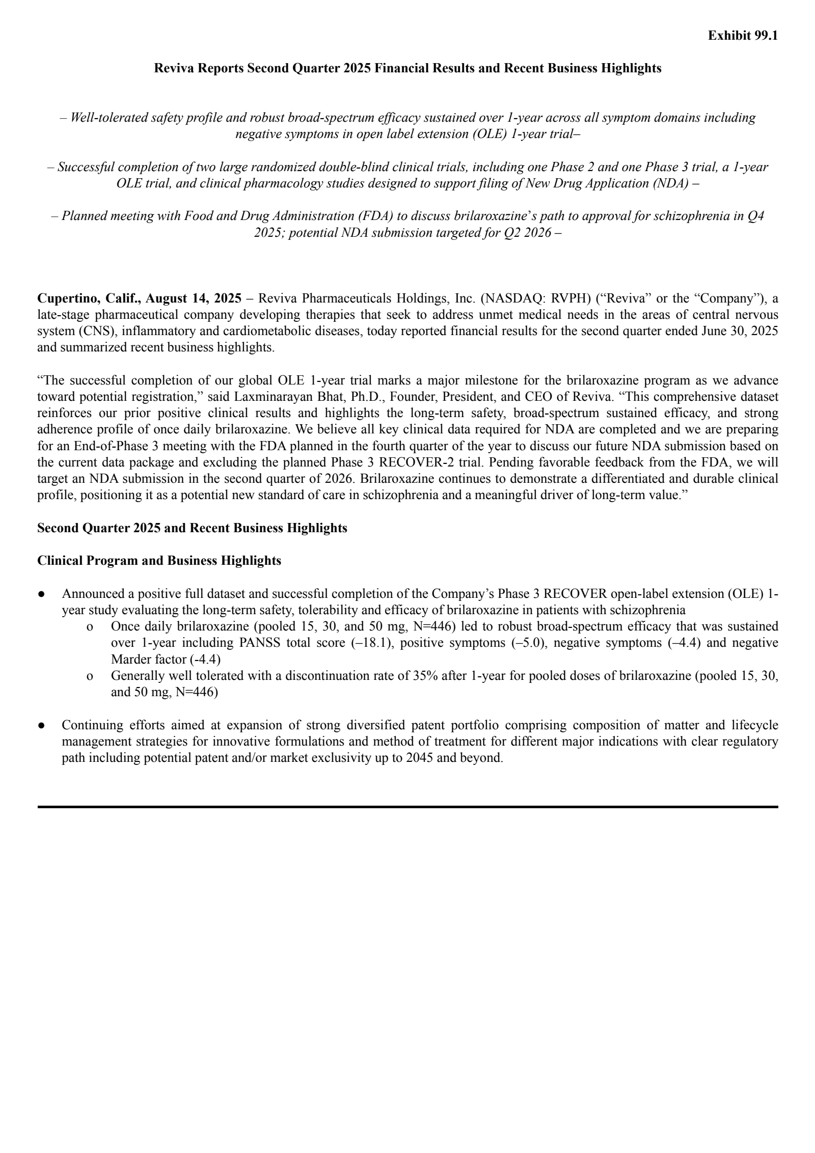 Reviva Pharmaceuticals' Q2 2025 Press Release
