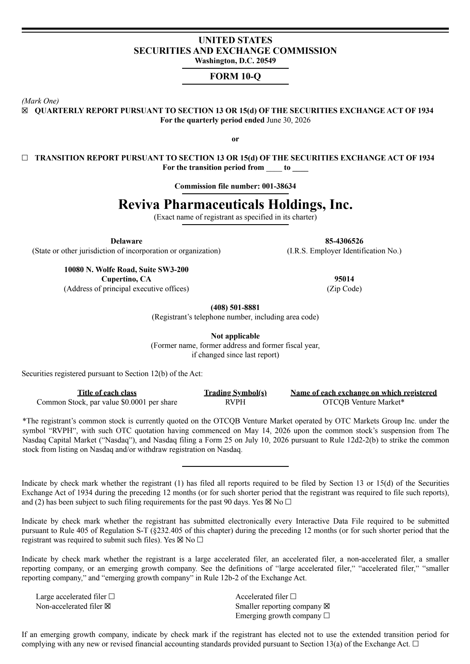 Reviva Pharmaceuticals' Q2 2026 Quarterly report
