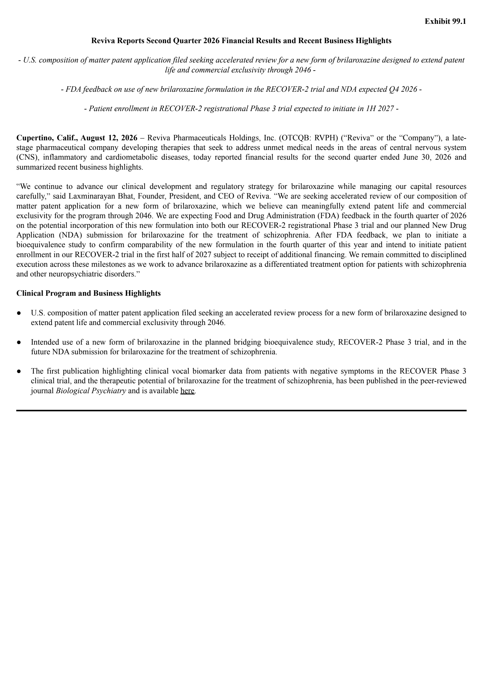 Reviva Pharmaceuticals' Q2 2026 Press Release