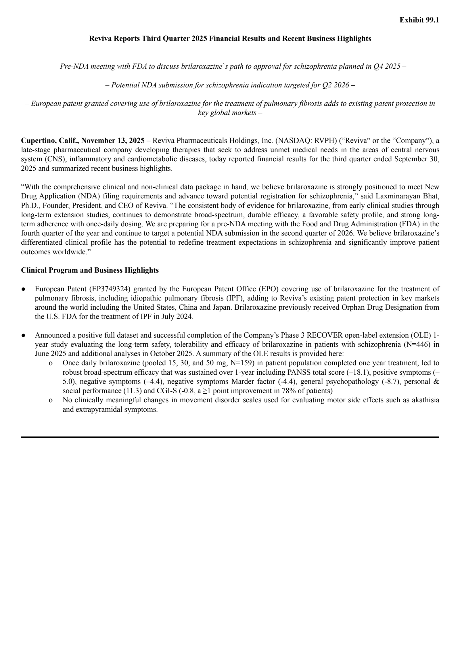 Reviva Pharmaceuticals' Q3 2025 Earnings Release