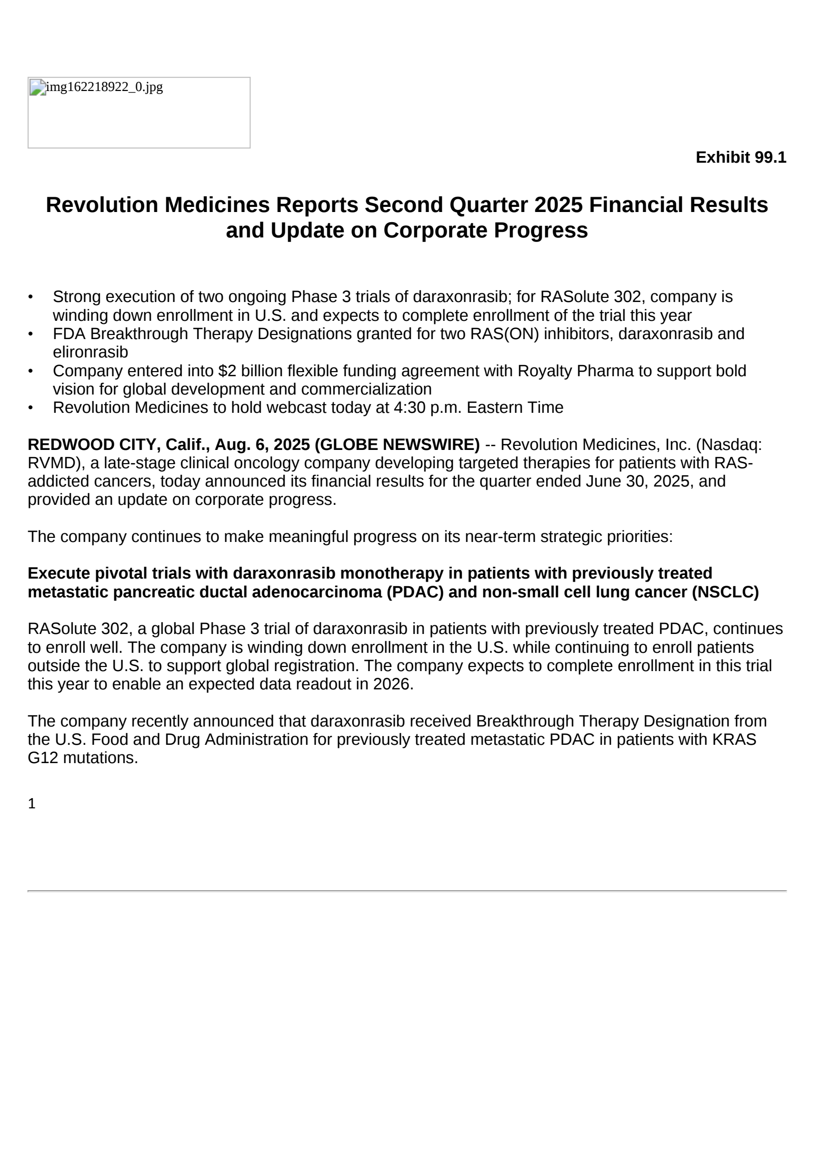 Revolution Medicines' Q2 2025 Press Release