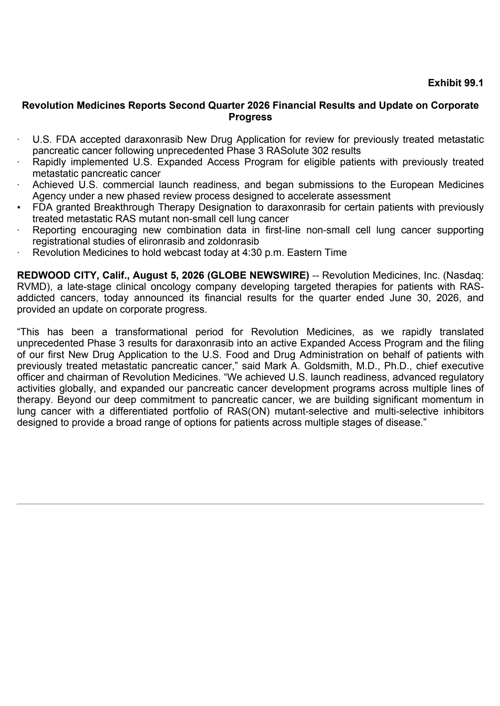 Revolution Medicines' Q2 2026 Press Release