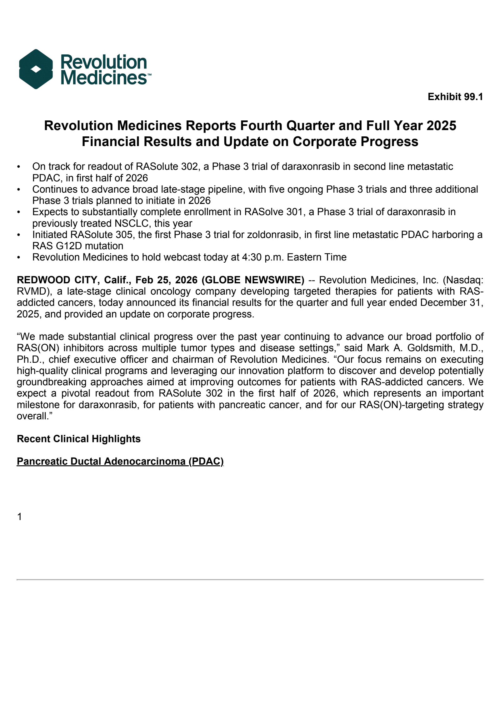 Revolution Medicines' Q4 2025 Press Release