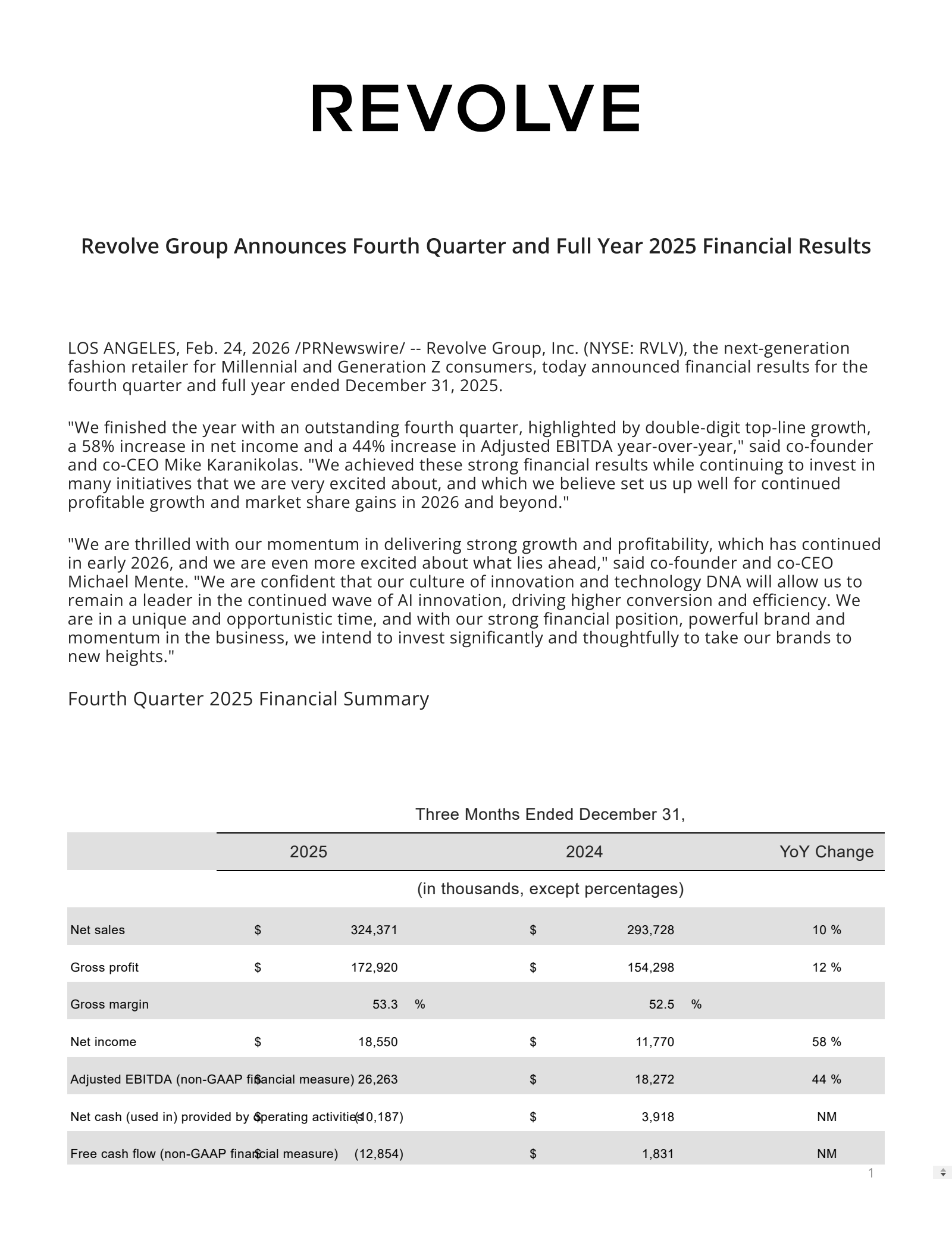 Revolve Group's Q4 2025 Press Release