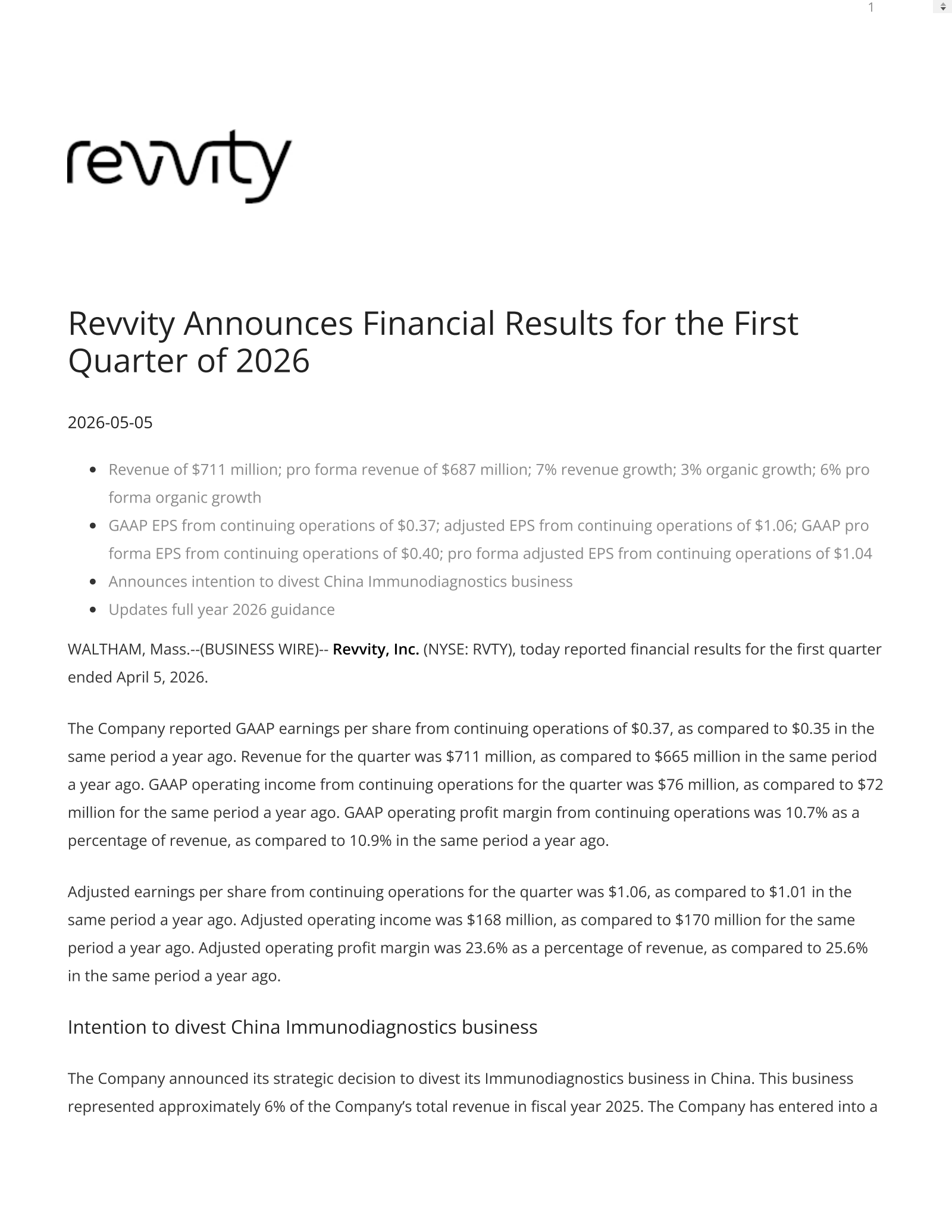 Revvity's Q1 2026 Press Release