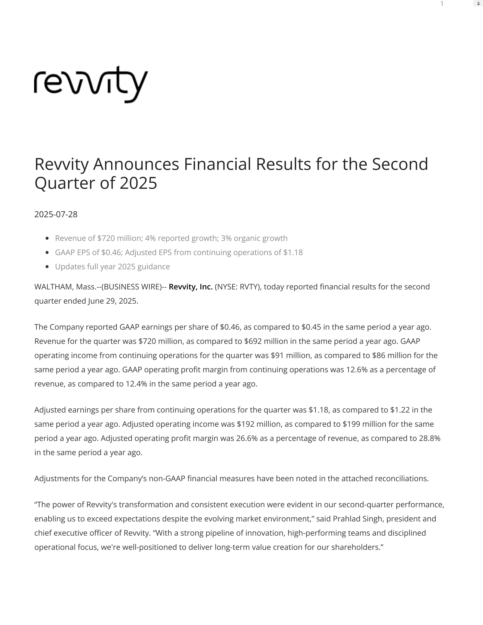 Revvity's Q2 2025 Press Release