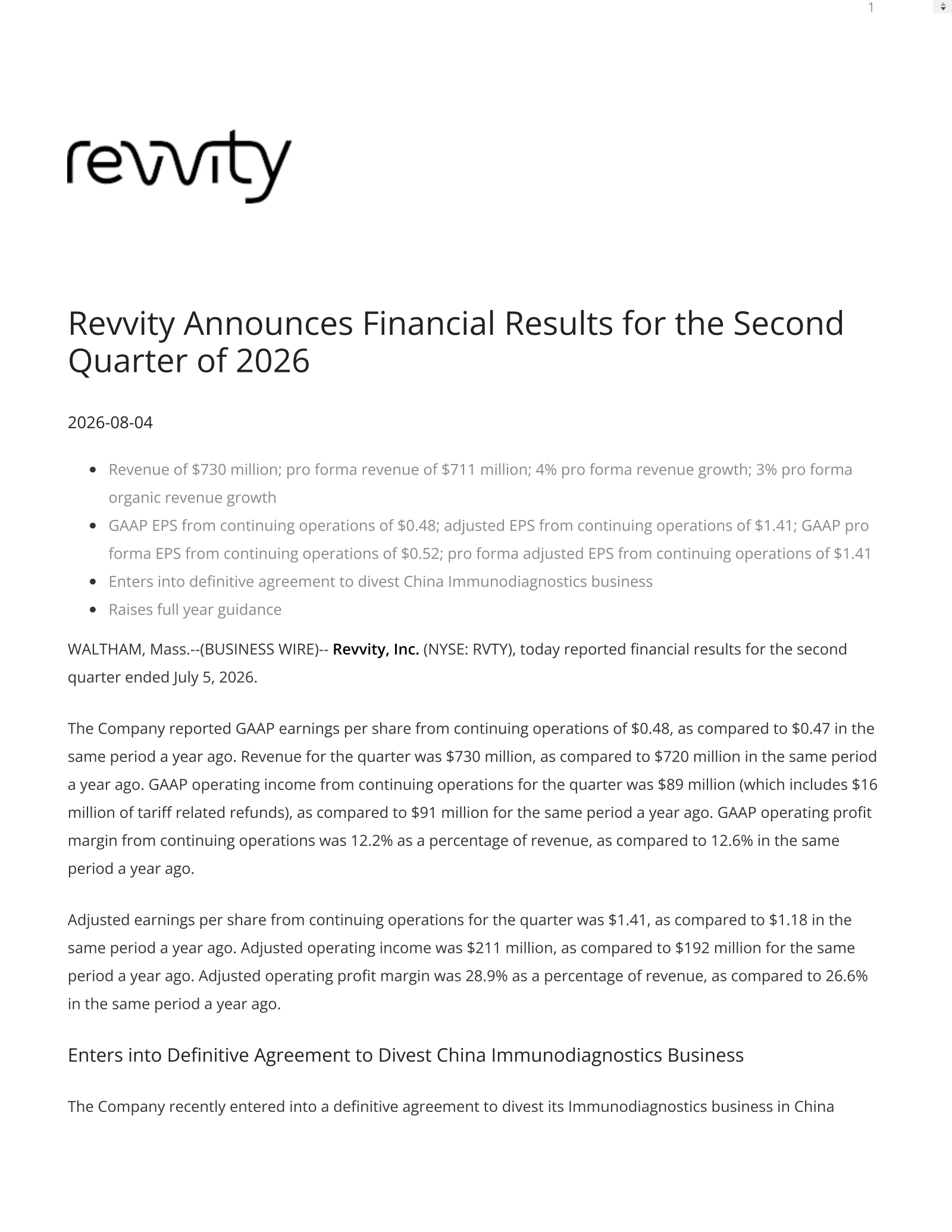 Revvity's Q2 2026 Press Release