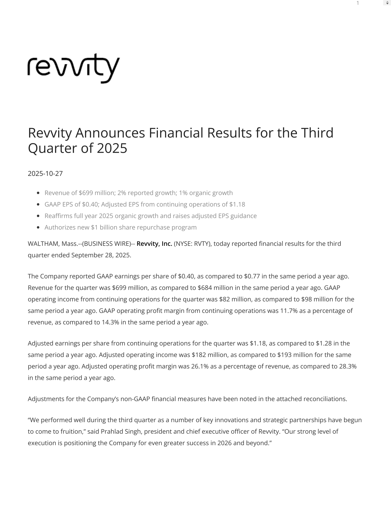 Revvity's Q3 2025 Earnings Release