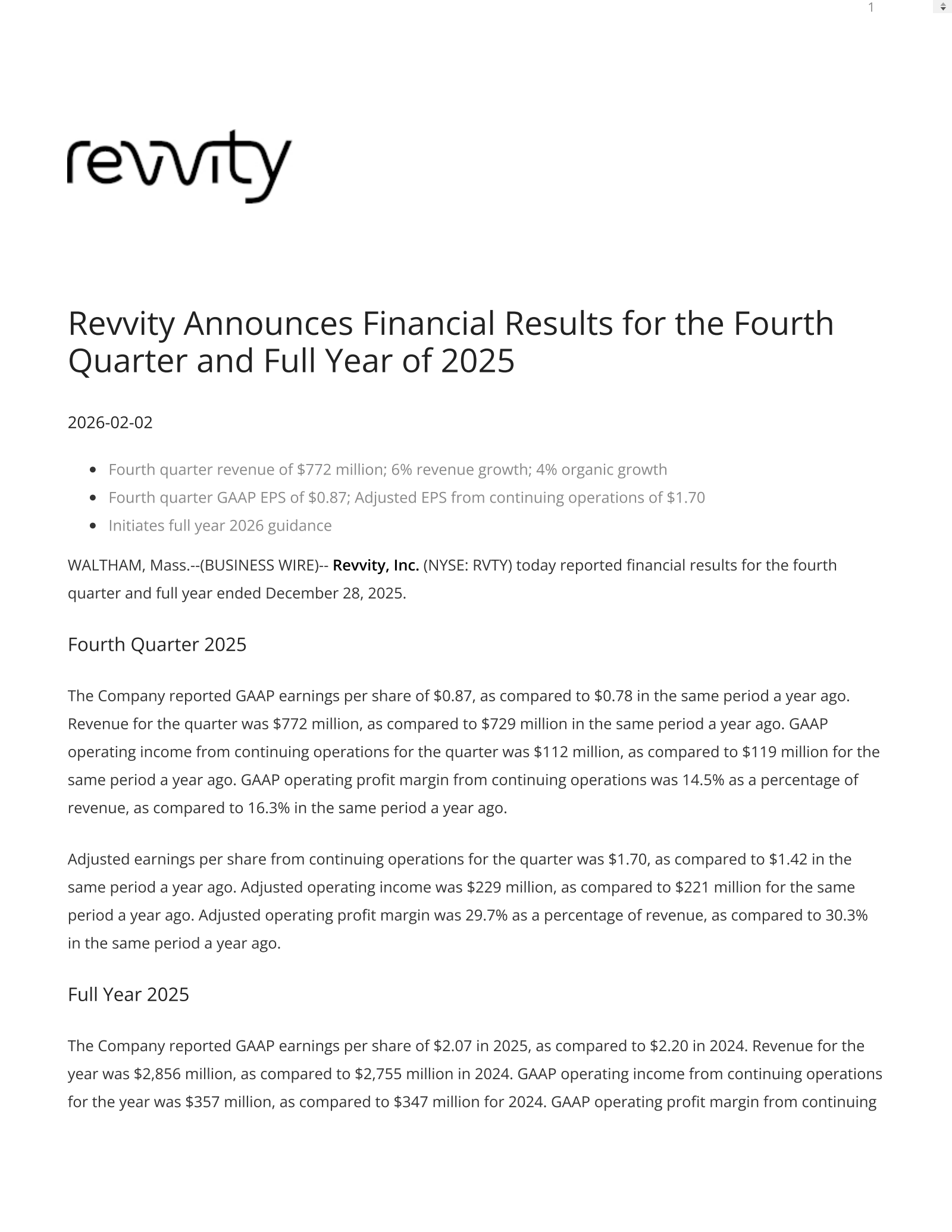 Revvity's Q4 2025 Press Release
