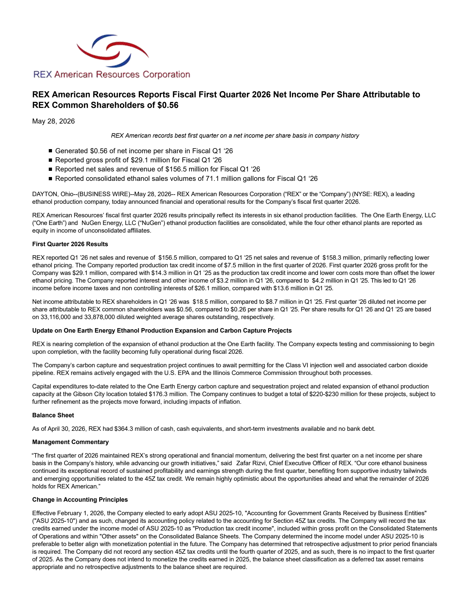 REX American Resources' Q1 2027 Press Release