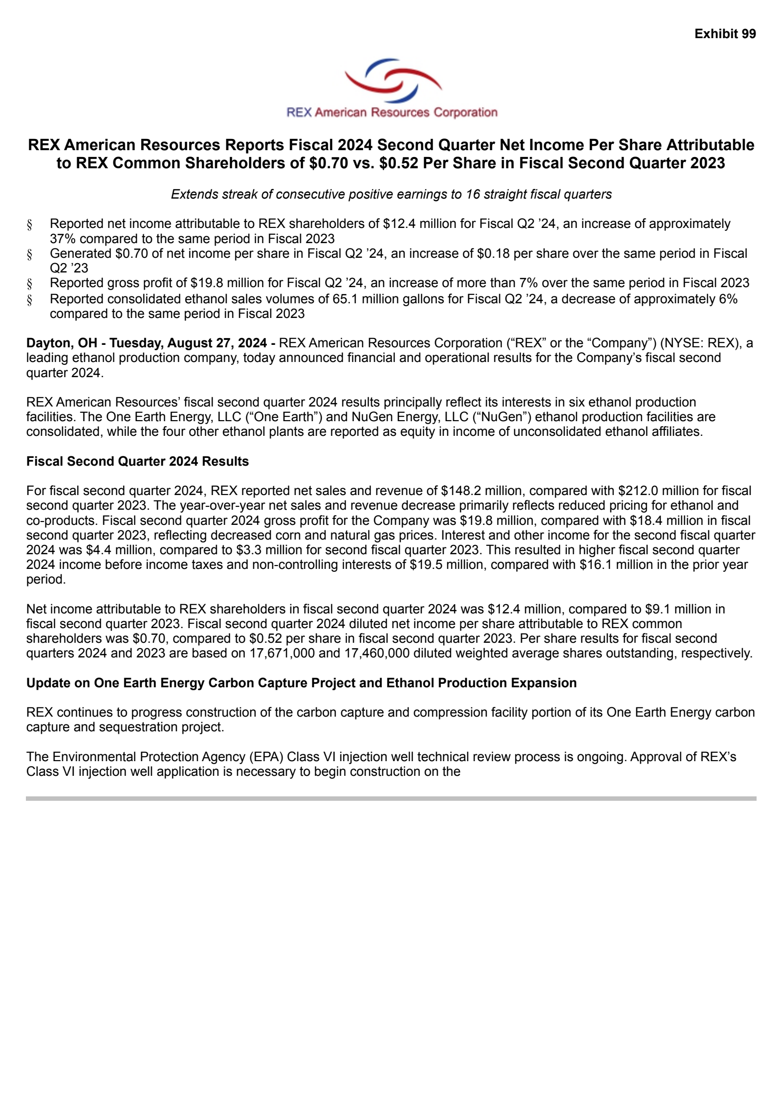 REX American Resources' Q2 2025 Press Release