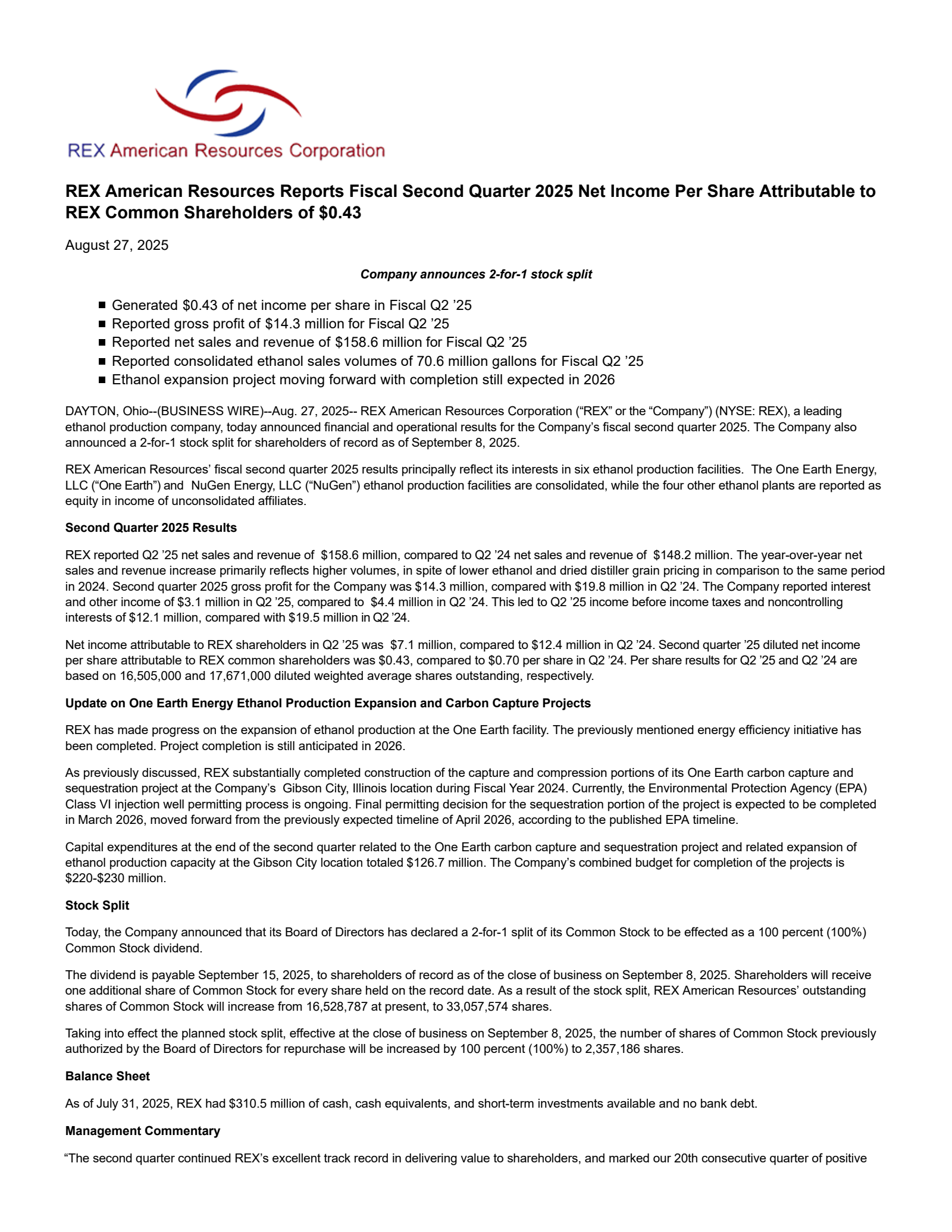 REX American Resources' Q2 2026 Press Release