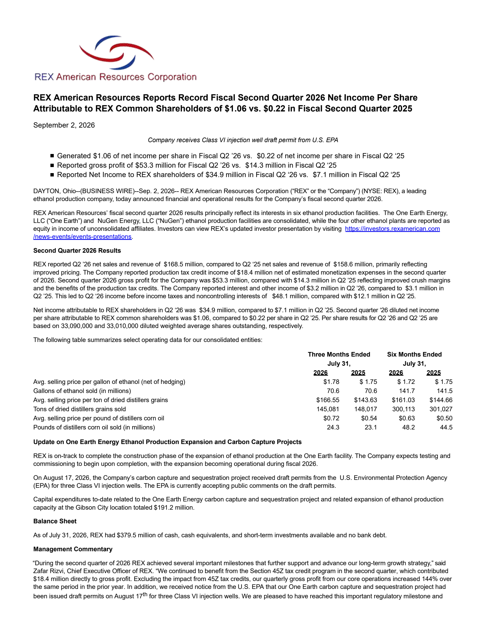 REX American Resources' Q2 2027 Press Release