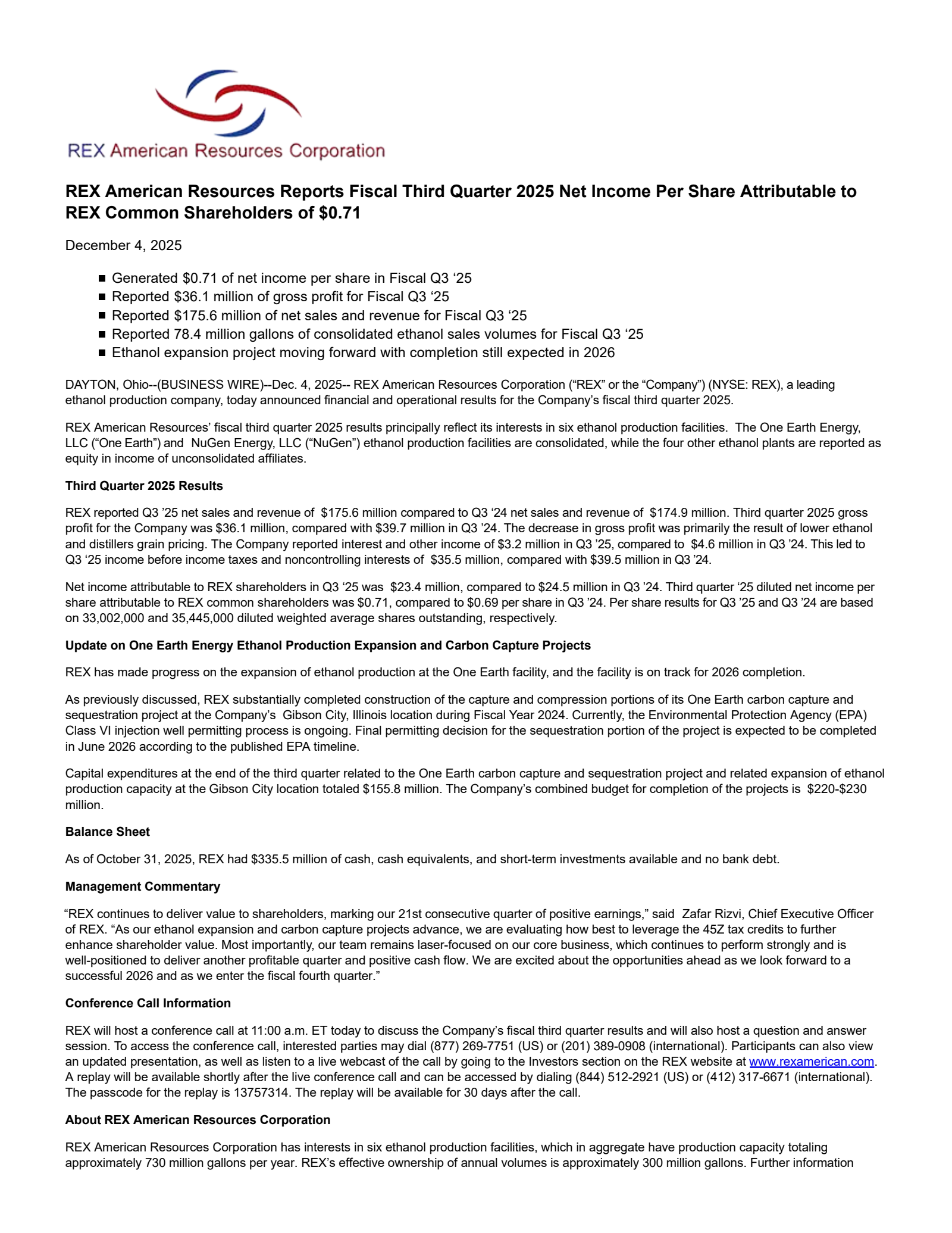 REX American Resources' Q3 2026 Earnings Release