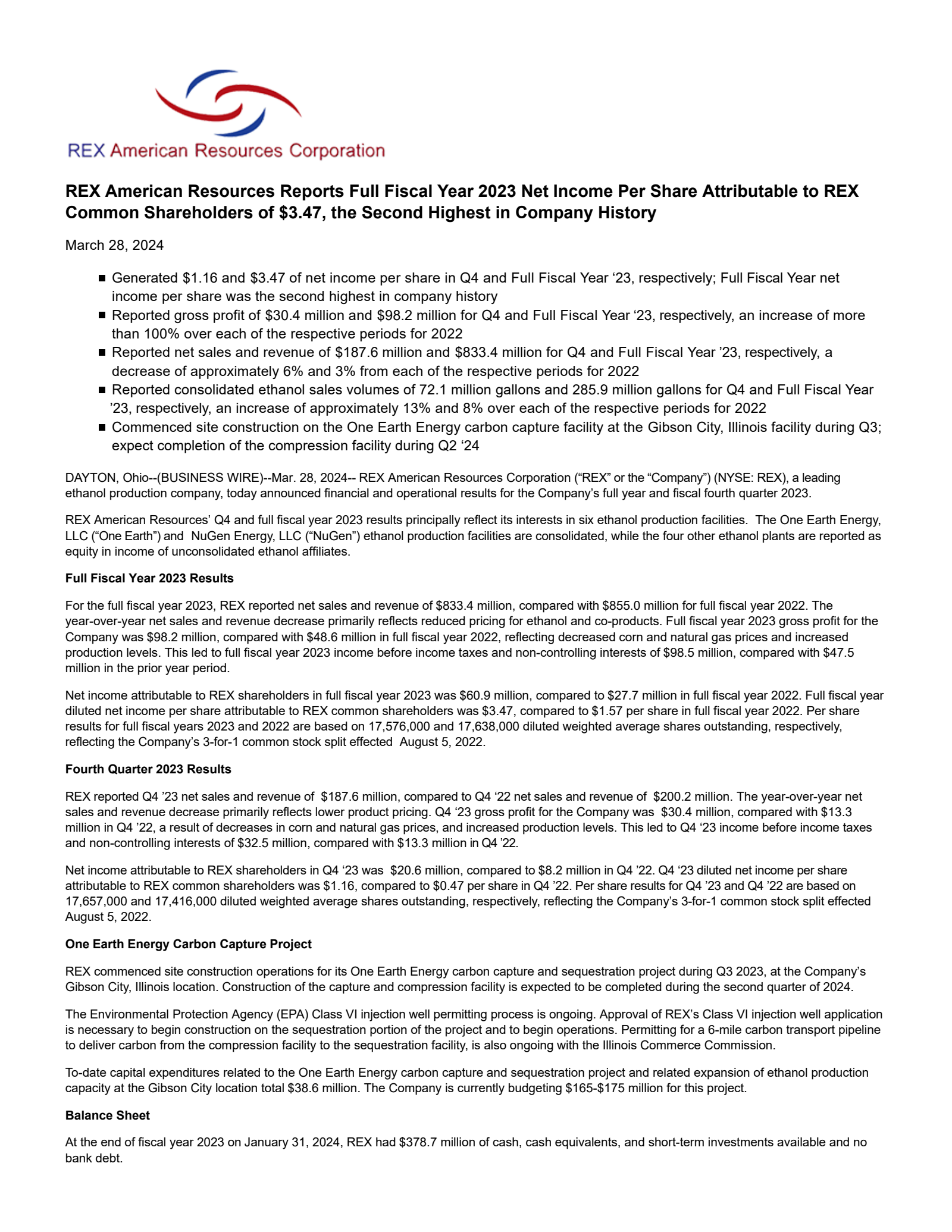 Rex Report Format Example REX Q4 2024 Earnings Report on 3/28/2024