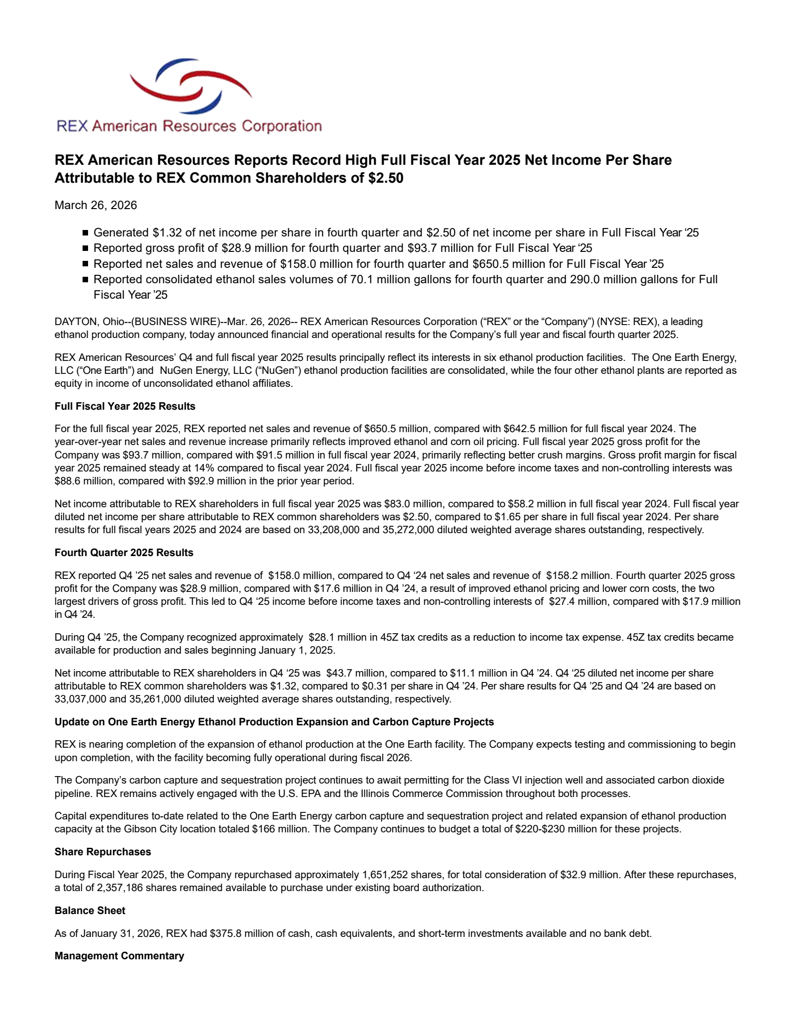 REX American Resources' Q4 2026 Press Release