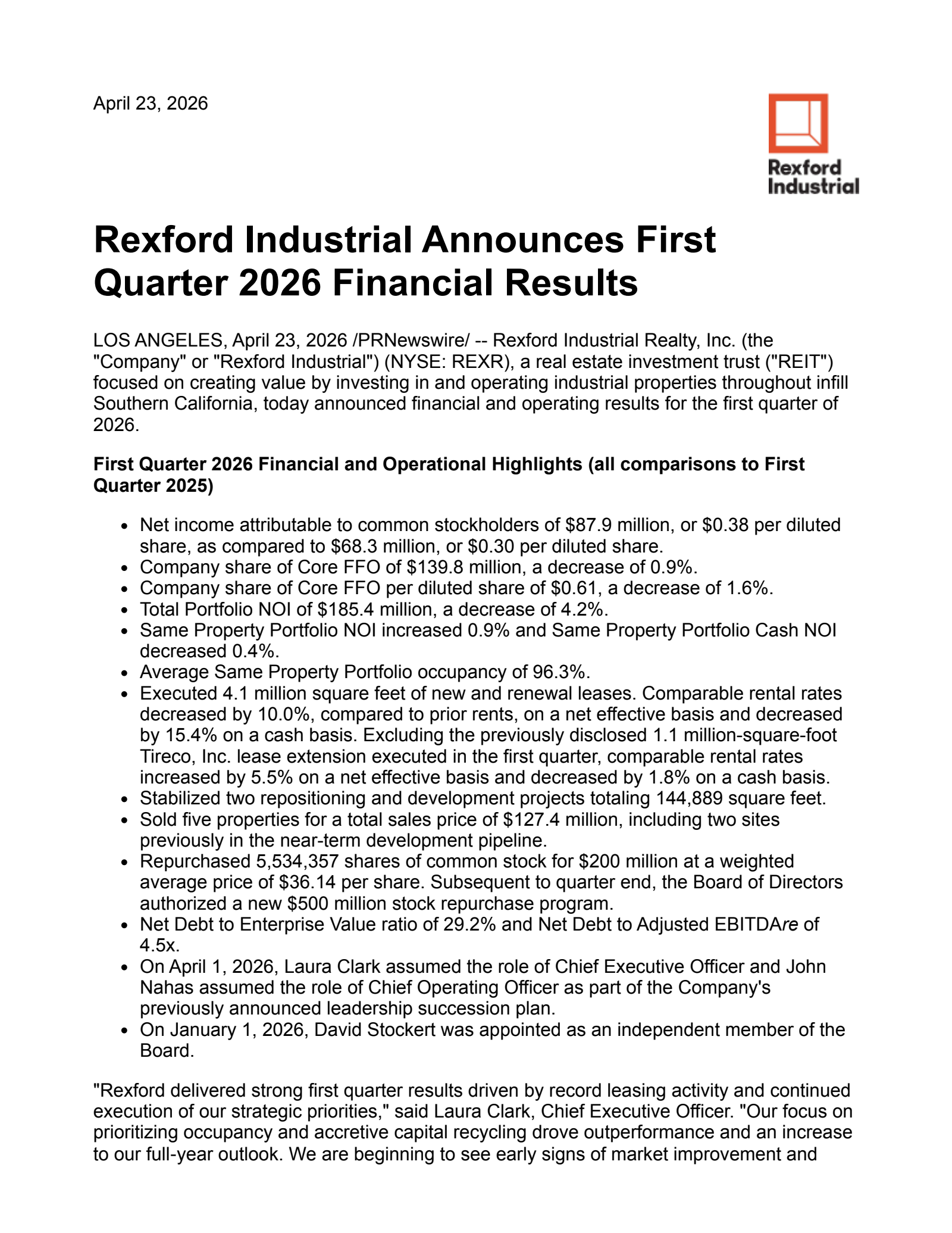 Rexford Industrial Realty's Q1 2026 Press Release