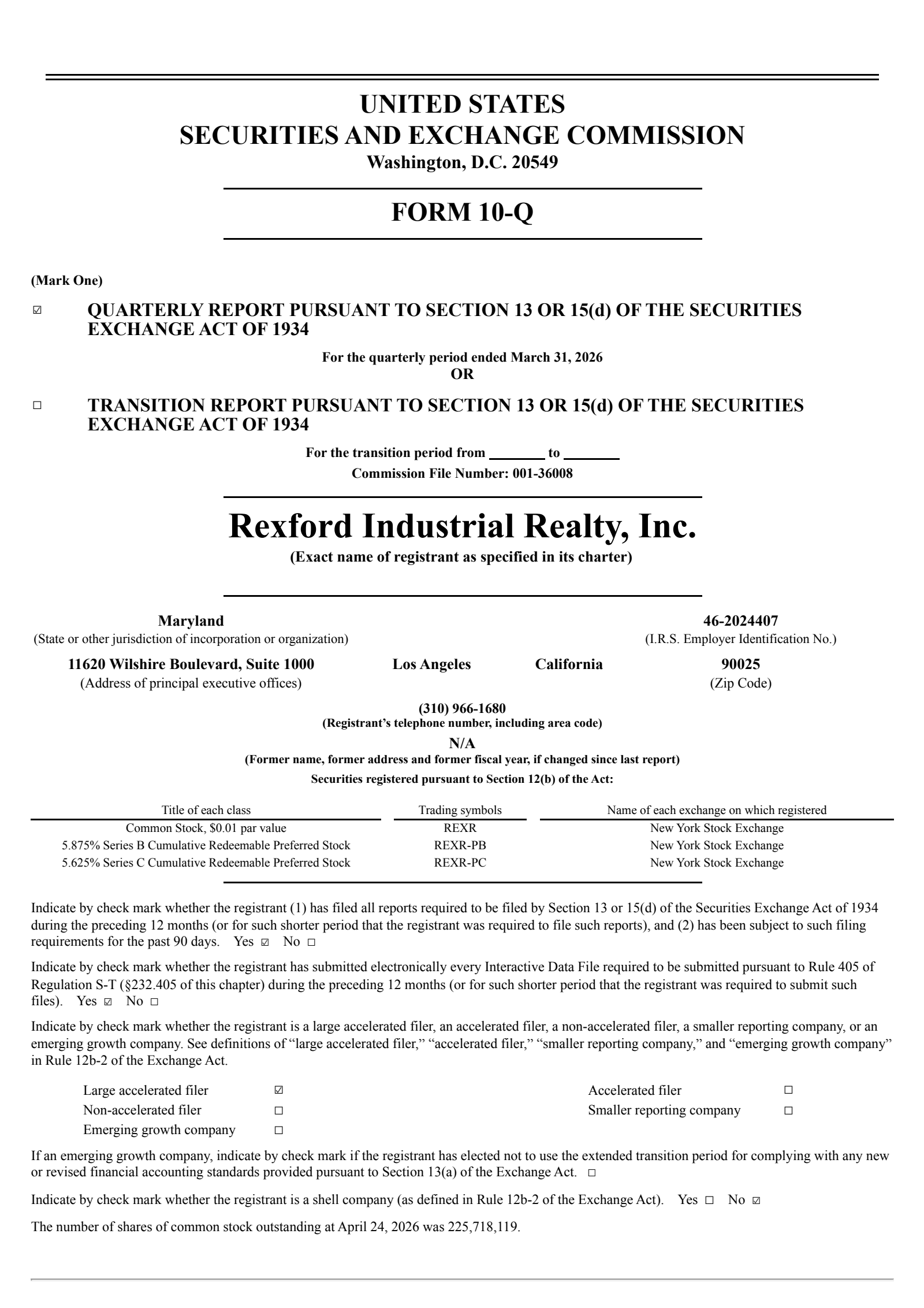 Rexford Industrial Realty's Q1 2026 Quarterly report