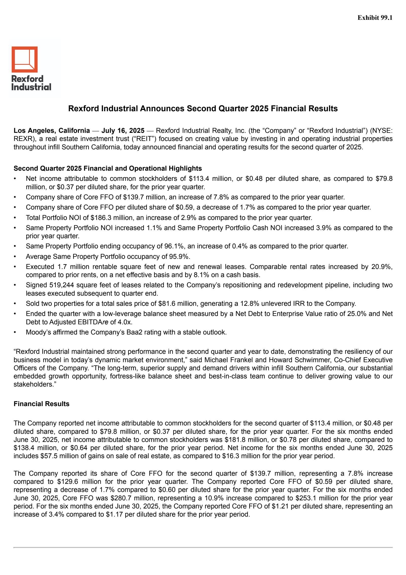 Rexford Industrial Realty's Q2 2025 Press Release