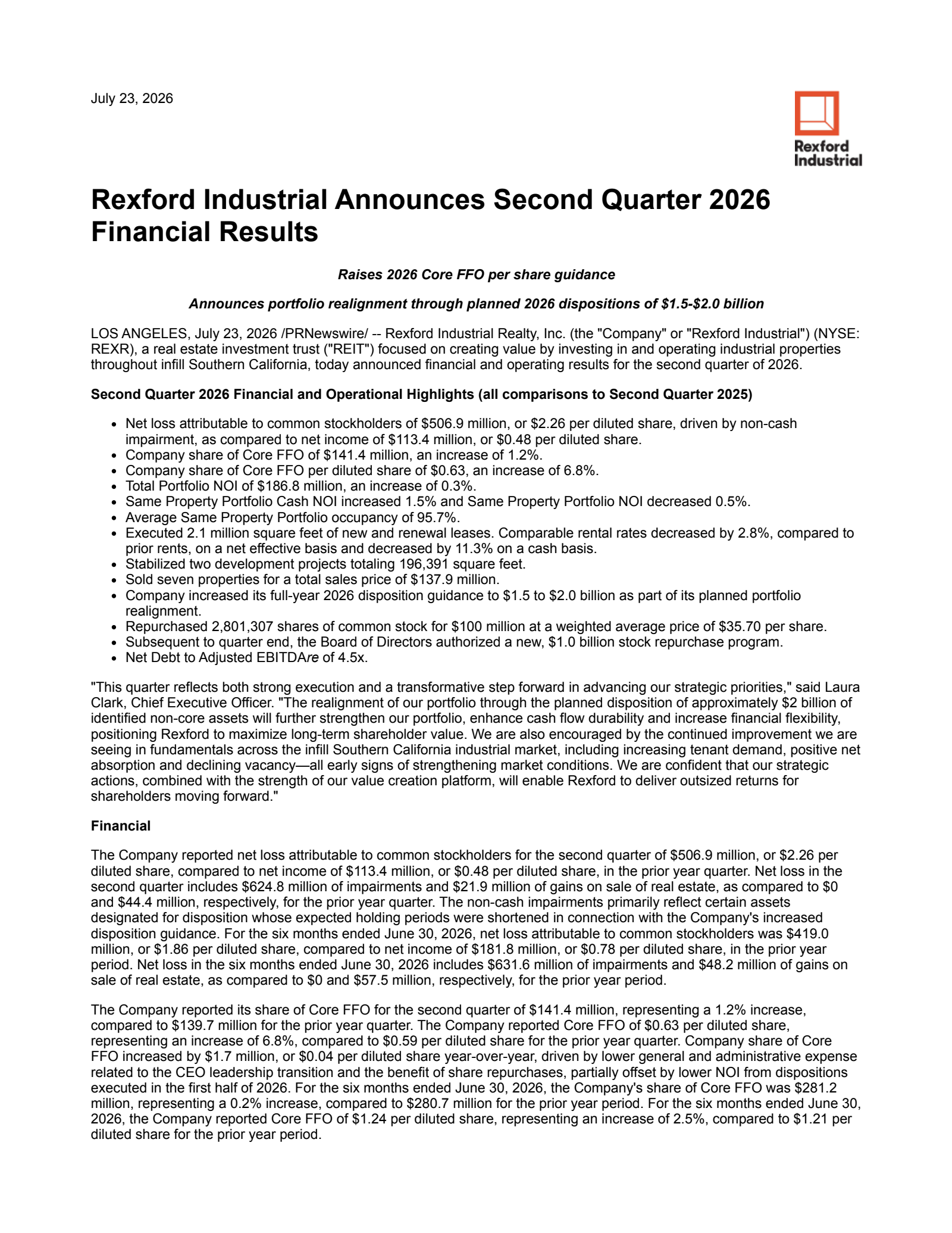 Rexford Industrial Realty's Q2 2026 Press Release