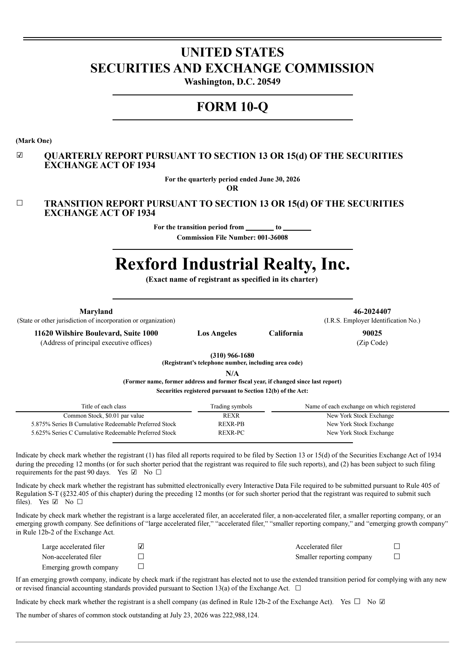Rexford Industrial Realty's Q2 2026 Quarterly report